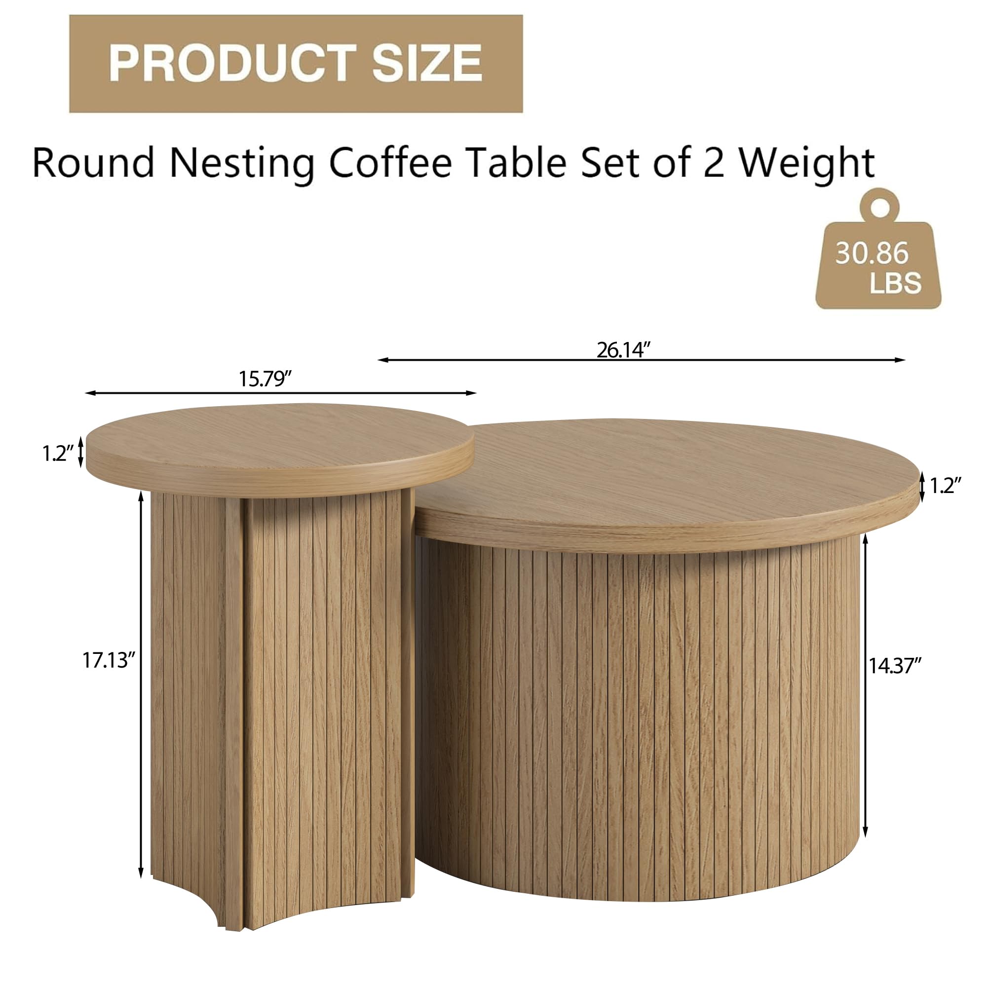 Set of 2 Round Nesting Coffee Tables - Farmhouse Style Wood Finish Living Room Side Tables for Sofa, Bedroom & Small Spaces (Large Size) - Perfect for Coffee, Books & Decor Display