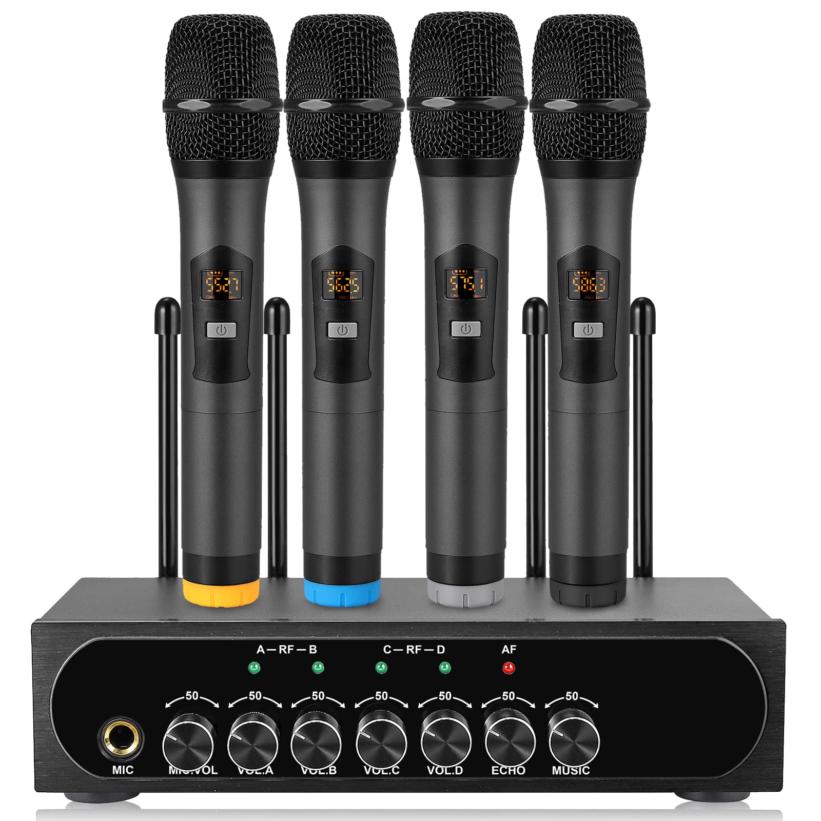 LiNKFOR Portable UHF 4-Channel Wireless Microphone System with 4 Handheld Mics, Bluetooth Connectivity for Smartphones, 50x4 Frequencies, Echo Effect, AUX In/Out - Ideal for Karaoke, Live Performances & Public Speaking