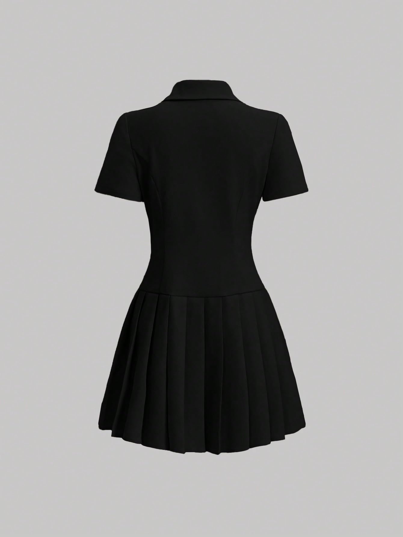 2024 Women's Summer Short Sleeve Double-Breasted Stand Collar Pressed-Pleated Dress - Perfect for Office, Cocktail Parties & Summer Weddings