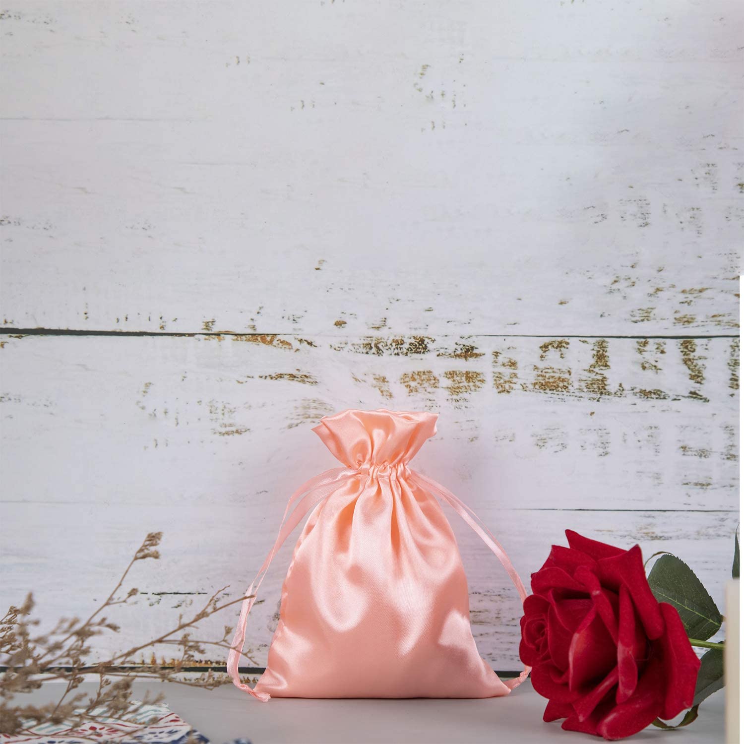 50 Pack 6x9.5 Inch Coral Pink Satin Drawstring Gift Bags - Small Jewelry Pouches, Wedding Favors, Baby Shower Party Favors, Bridesmaid Gifts - Perfect for Birthdays, Anniversaries & Special Events