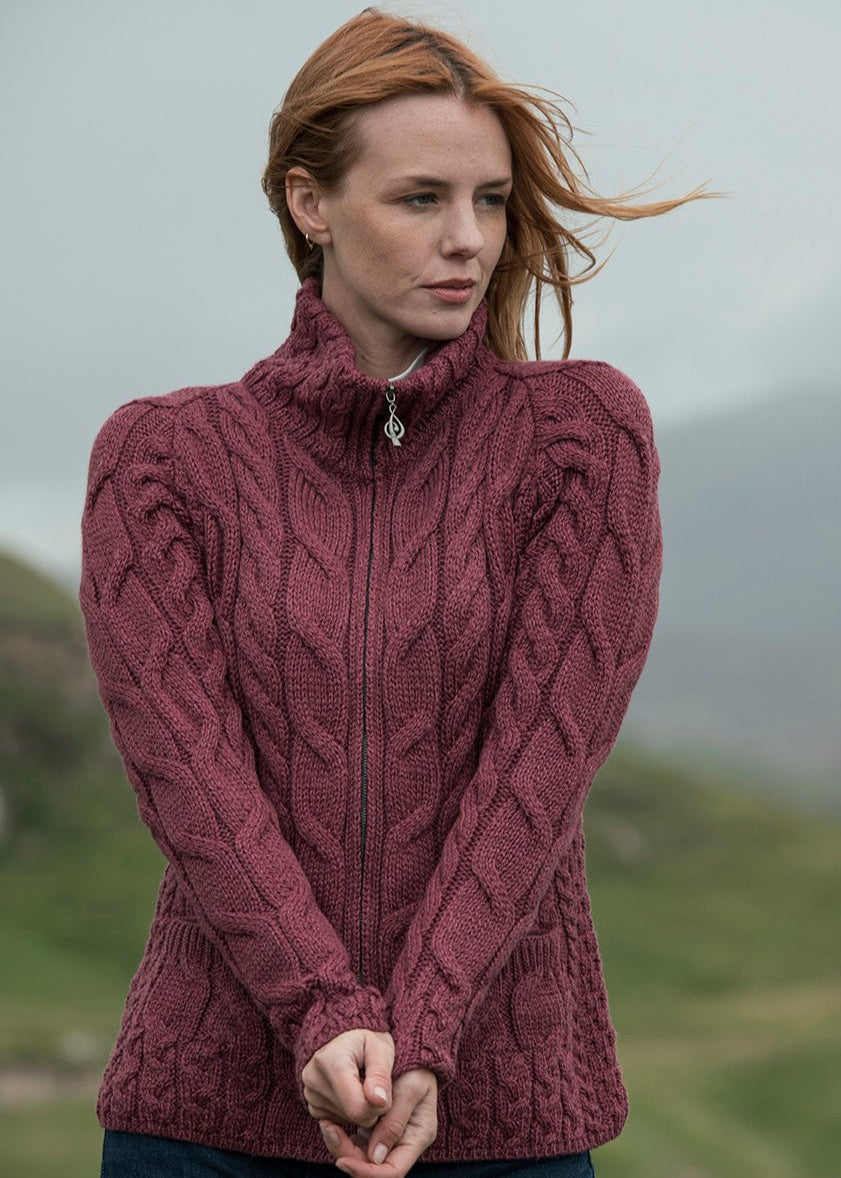 Women's Aran Full Zip Cardigan Sweater - Soft Raspberry Knitwear for Fall & Winter | Cozy Casual Wear for Office, Travel & Outdoor
