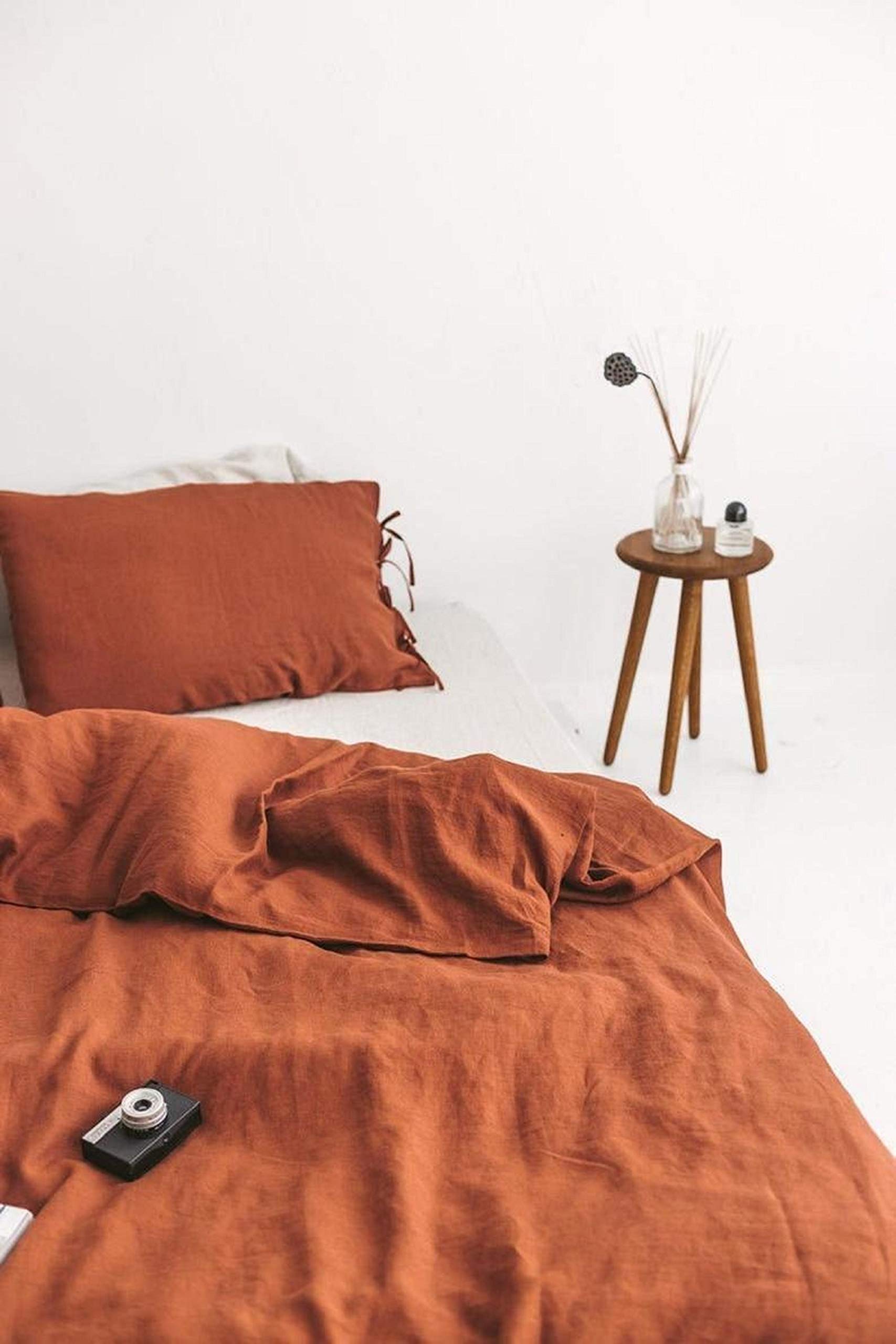 Burnt Orange Cotton Washed Duvet Cover Set with Coconut Buttons - Reversible Bohemian Bedding | King Size Stonewashed Quilt for Cozy Bedroom Decor