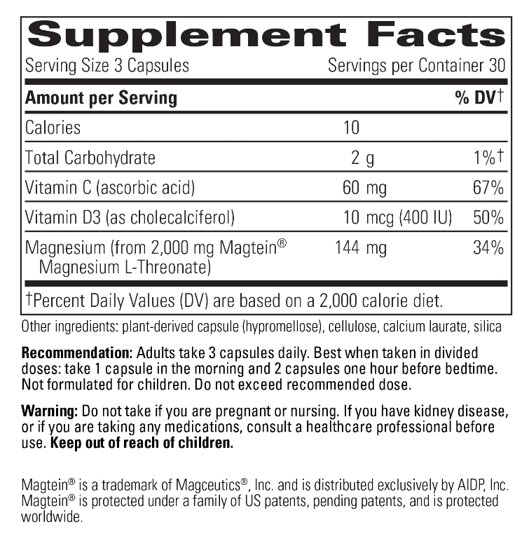Magtein® Magnesium L-Threonate Supplement for Brain Health & Cognitive Support – Boost Memory, Focus & Mental Clarity | Ideal for Students, Professionals & Seniors