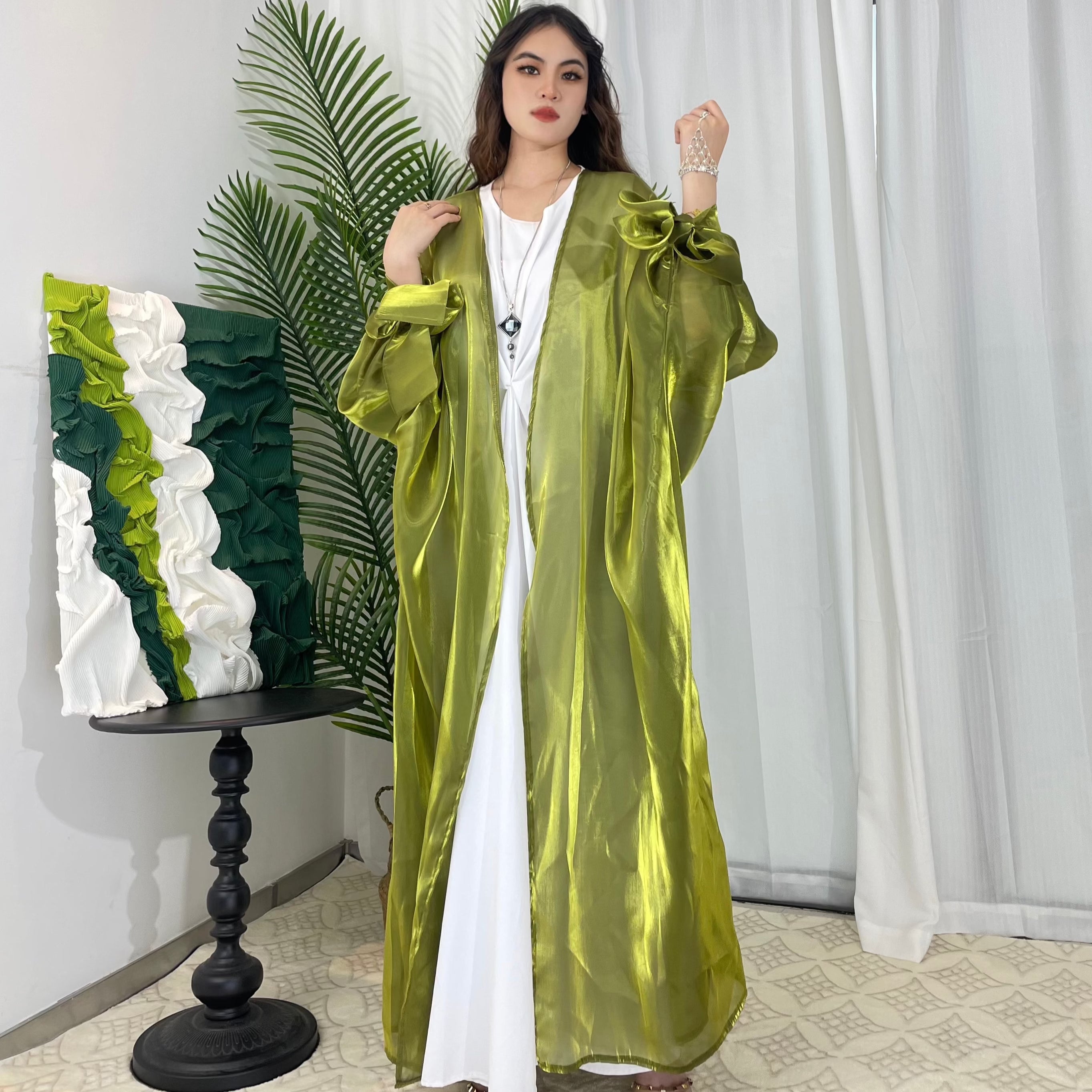 Luxury Open Front Abaya Dress for Women - Elegant Organza Fabric with Silk-Like Sheen - Plus Size Options Available - Perfect for Special Occasions, Weddings & Evening Events