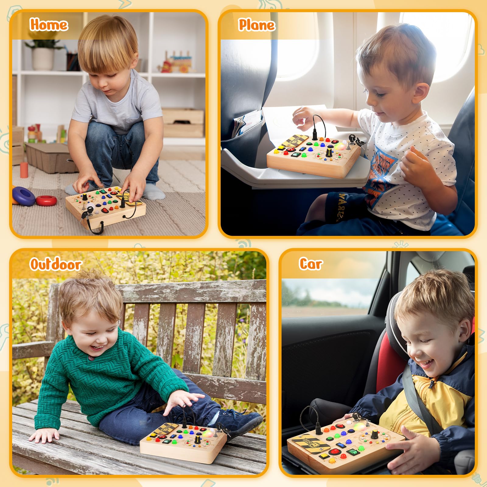 Busy Board with LED Light - Montessori Wooden Sensory Toy for Toddlers 1-3 Years Old | Educational Learning Toy for Boys & Girls | Autism Travel Toy for Kids - Perfect for Airplane, Car Rides & Home Play