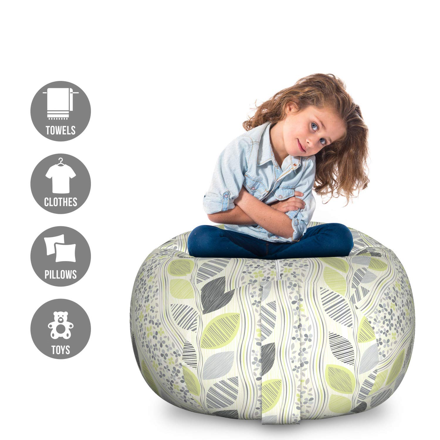 Ambesonne Large Abstract Storage Toy Bag Chair - Wavy Vertical Stripes with Sketched Leaves & Flowers - Washable Stuffed Animal Organizer - Green Grey - Perfect for Kids' Room, Nursery & Playroom Organization