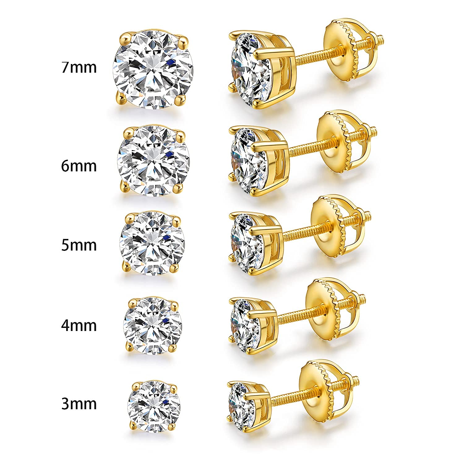 18K White Gold Plated Round Cubic Zirconia Stud Earrings - 4 Prong Screw Back Design (Pack of 5) | Perfect for Everyday Wear, Parties & Special Occasions