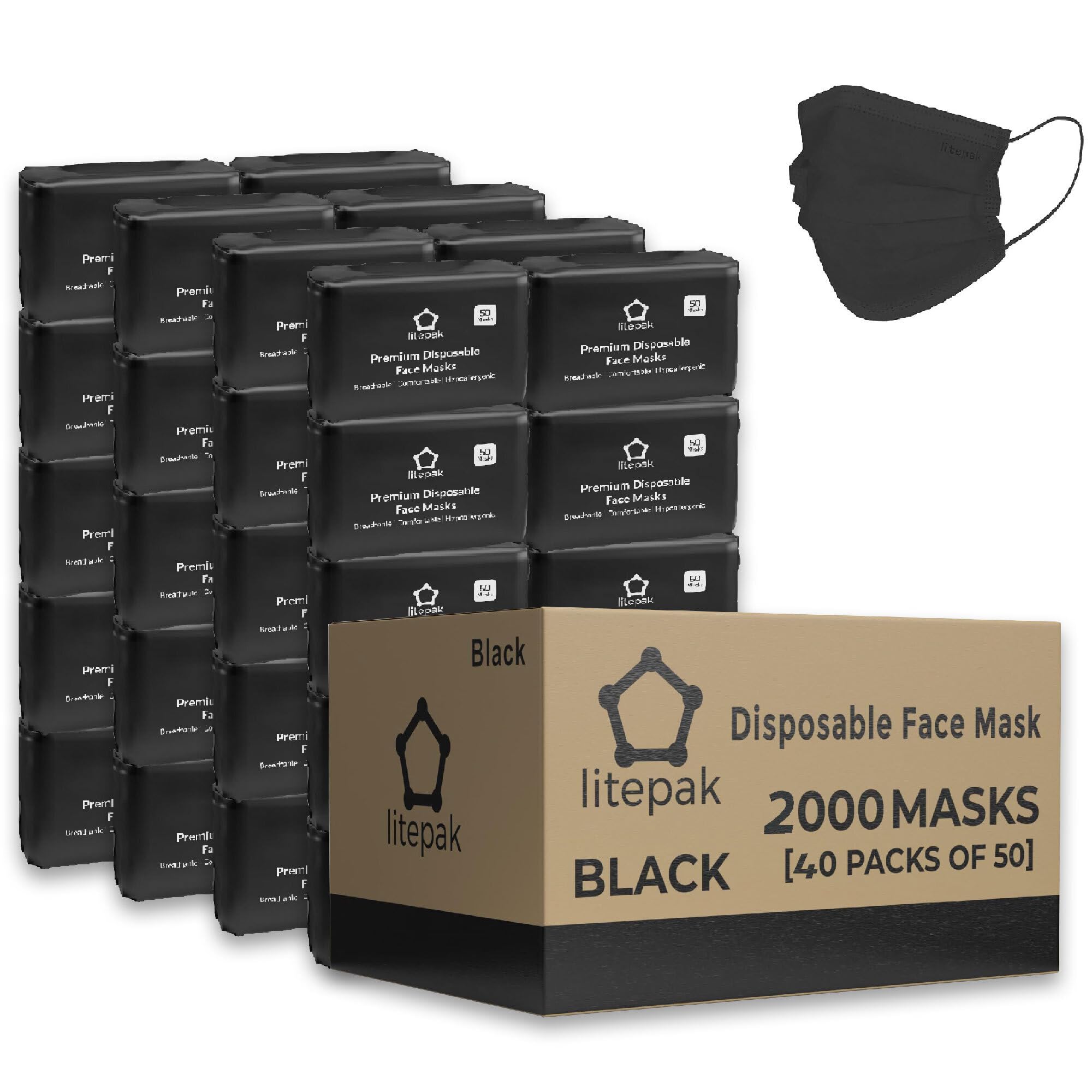 2000 Pcs Disposable Face Masks - 3-Ply Breathable Black Face Cover for Adults - 40 Packs of 50 - Perfect for Daily Use, Travel & Public Safety Protection