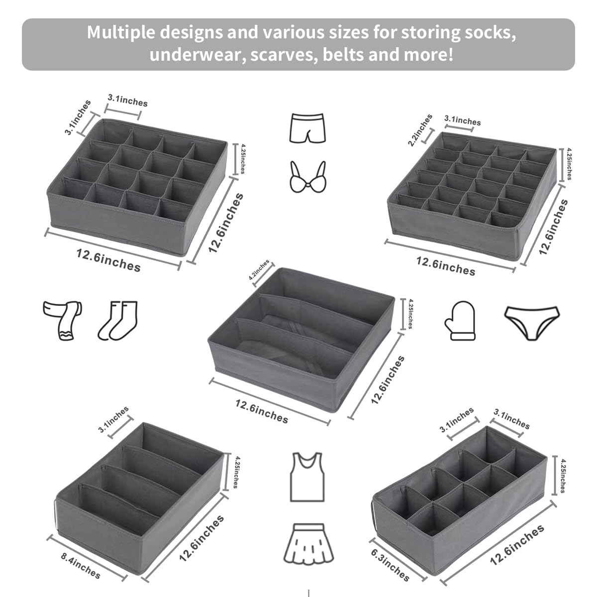 5-Pack Foldable Fabric Underwear & Sock Drawer Organizers - Storage Bins for Underwear, Socks, Bras & Ties - Perfect for Closet, Dresser & Travel Organization