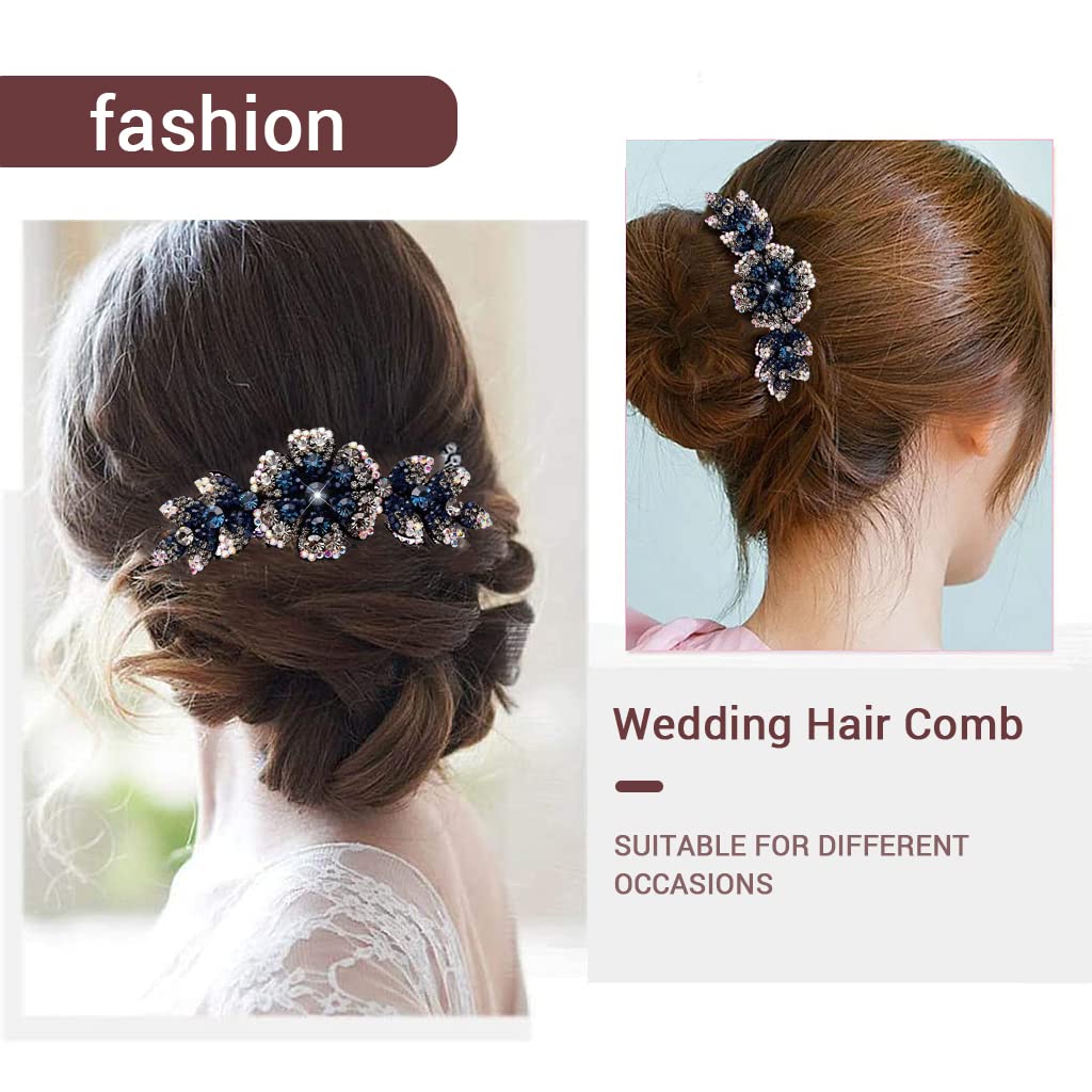PALAY® Women's Floral Hair Clips - Crystal Barrettes & Hair Combs for Girls & Women, Elegant Bridal Hair Accessories (Dark Blue) | Perfect for Weddings, Parties & Everyday Styling