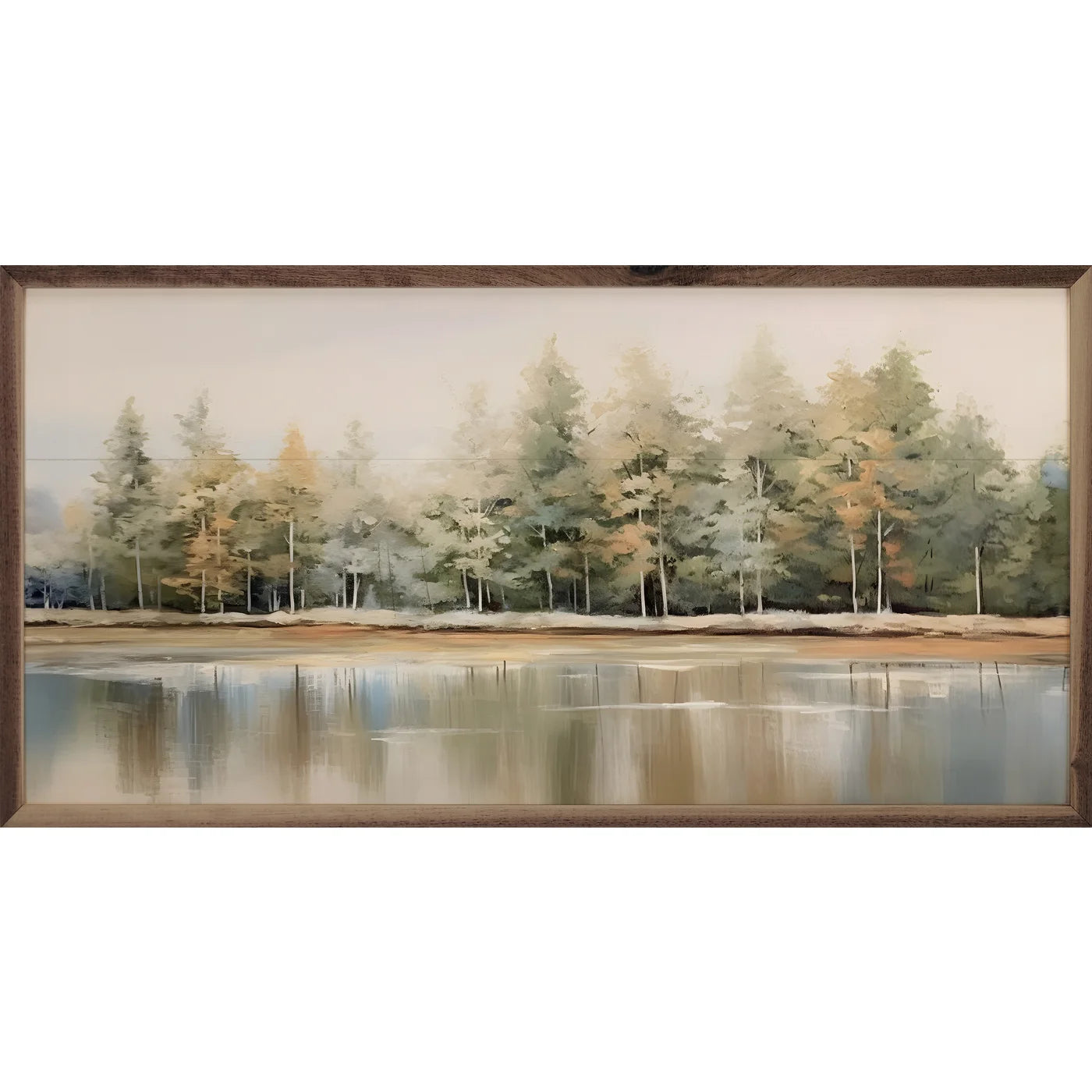 Lakeshore Trees Wood Framed Print - Nature Wall Art Decor for Living Room, Bedroom & Office - Rustic Landscape Painting for Home & Office Decoration