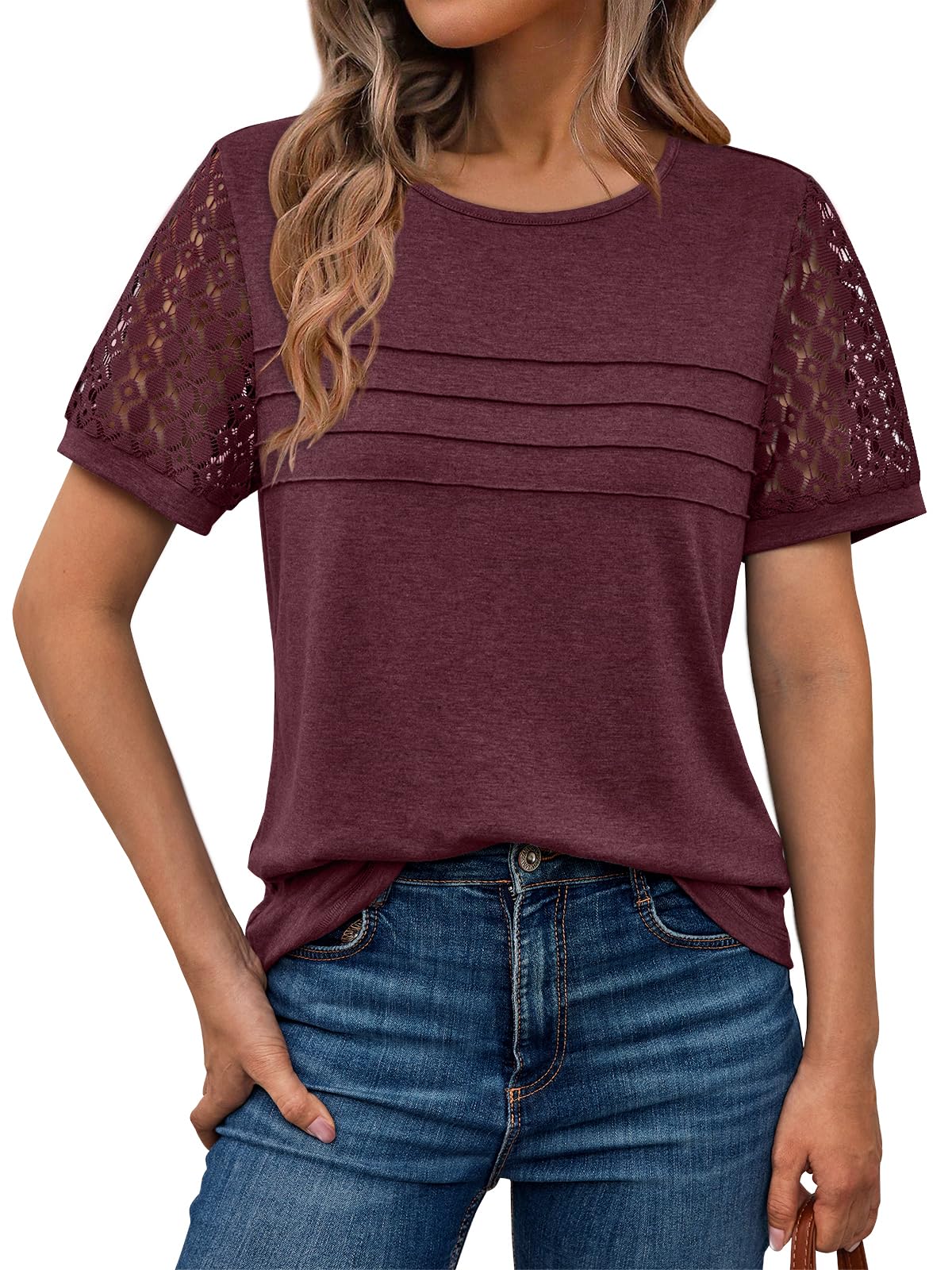 AUTOMET Women's Short Sleeve Lace Blouse - 2025 Spring Summer Trendy Casual T-Shirt Top for Work, Office & Date Night Outfits | Breathable & Elegant Daily Wear