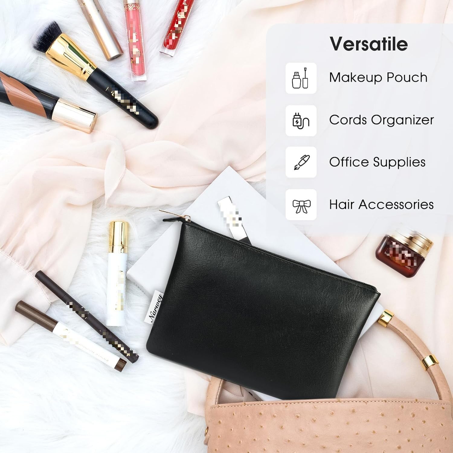 Narwey Small Makeup Bag - PU Leather Cosmetic Pouch for Women Travel & Purse (Black) - Perfect for On-the-Go Beauty