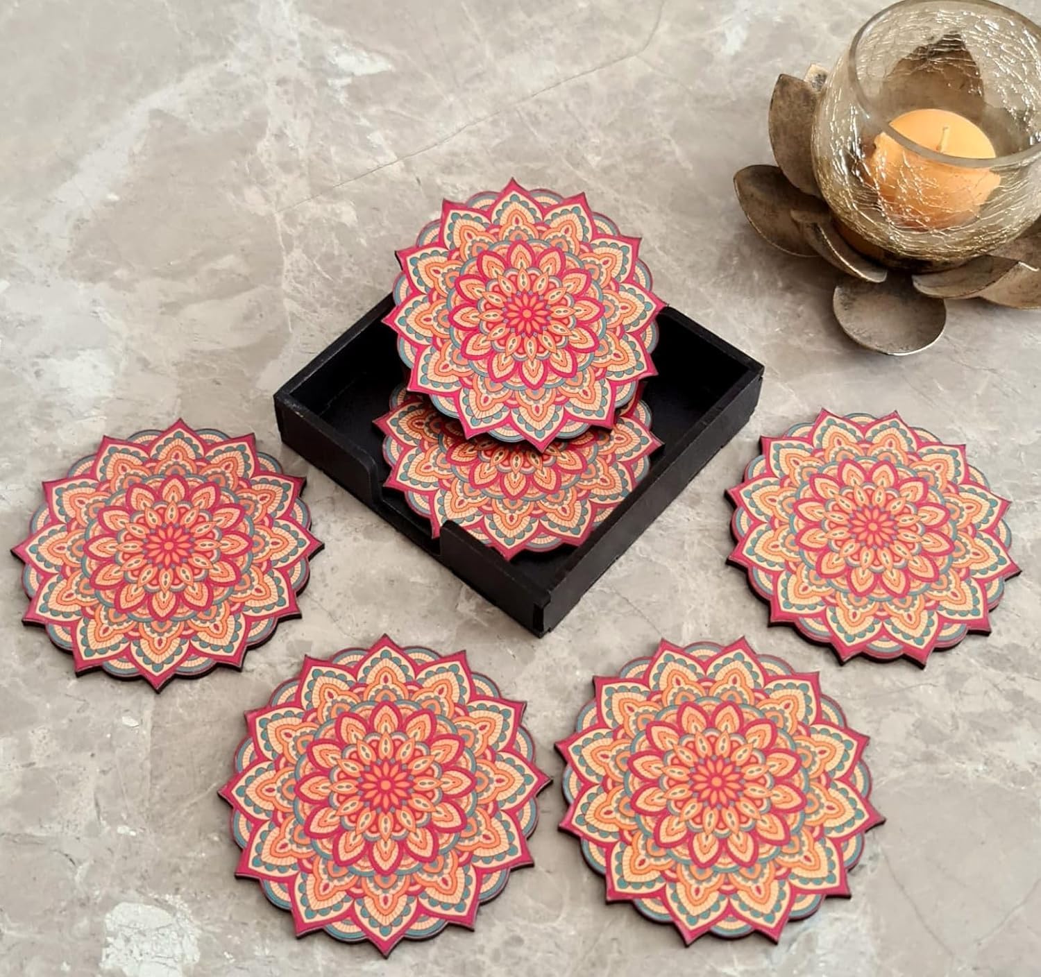 My Creative Hut Set of 6 Tea Coasters with Stand - Beautiful Mandala Design for Tea Cups, Coffee Mugs & Glasses - Perfect for Home Decor, Office Use & Diwali Gifts (Red)