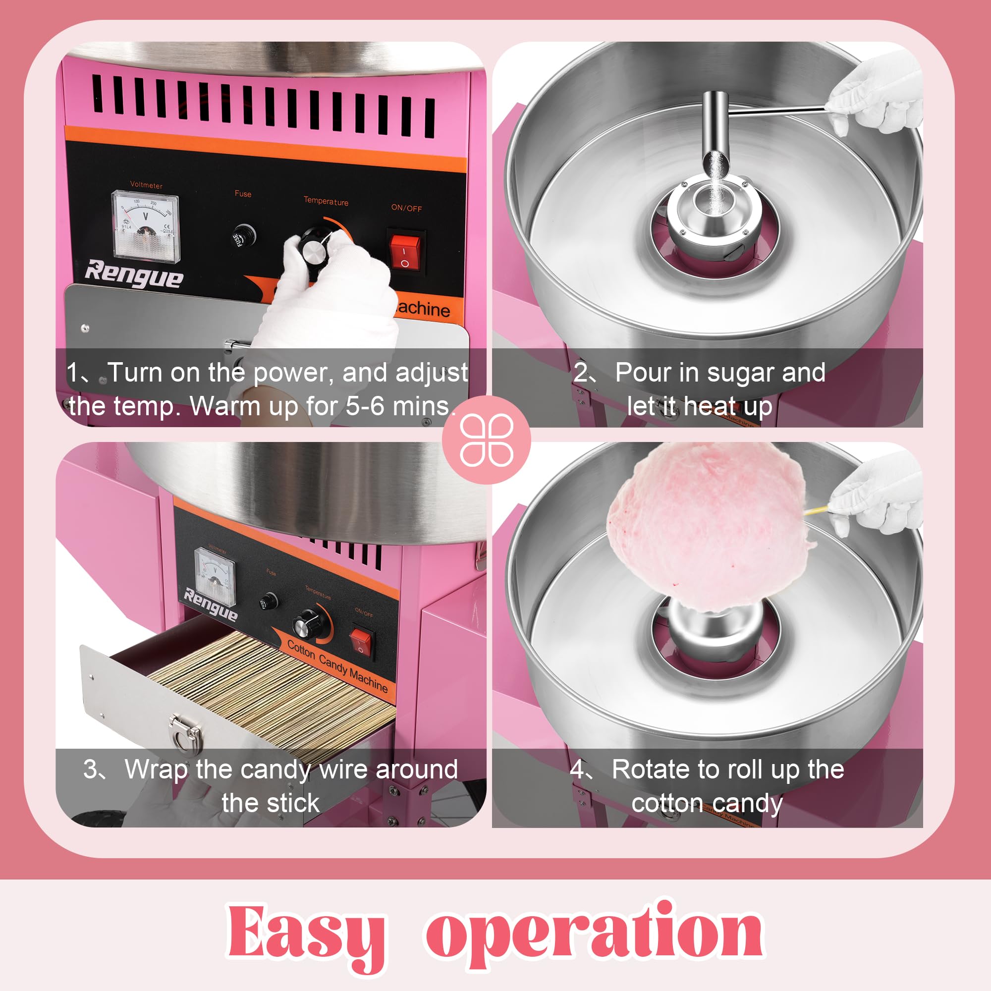 Commercial Electric Cotton Candy Machine 1000W - Pink Stainless Steel Floss Maker with Sugar Scoop & Drawer for Home, Parties, Carnivals, Kids Birthday, Events - Perfect for Family Gatherings & Festive Celebrations