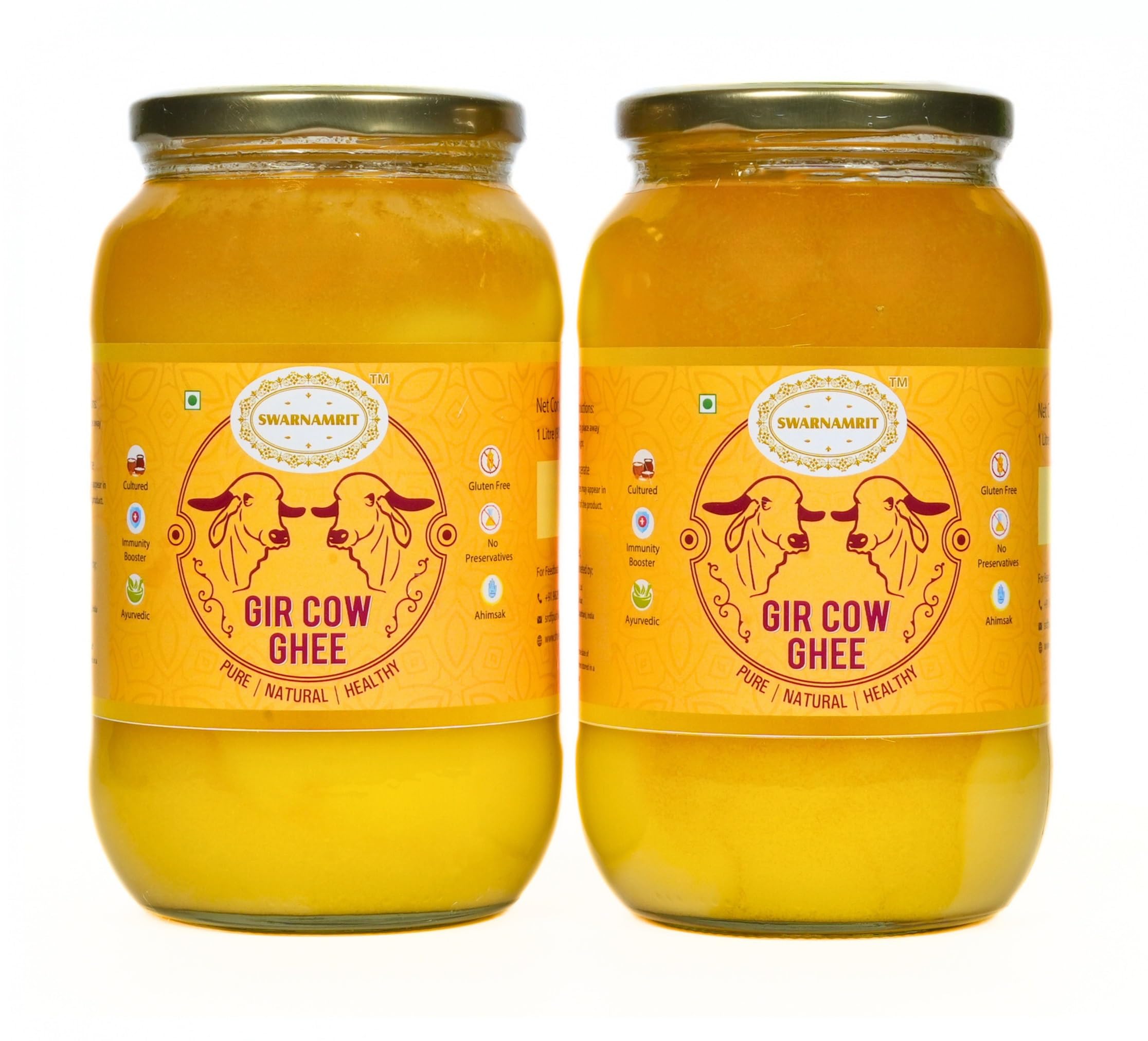 Premium SWARNAMRIT A2 Desi Gir Cow Ghee - 100% Pure Vedic Bilona Method - Glass Jar (1 Liter X 2 Pack) - Ideal for Cooking, Ayurvedic Remedies & Healthy Lifestyle