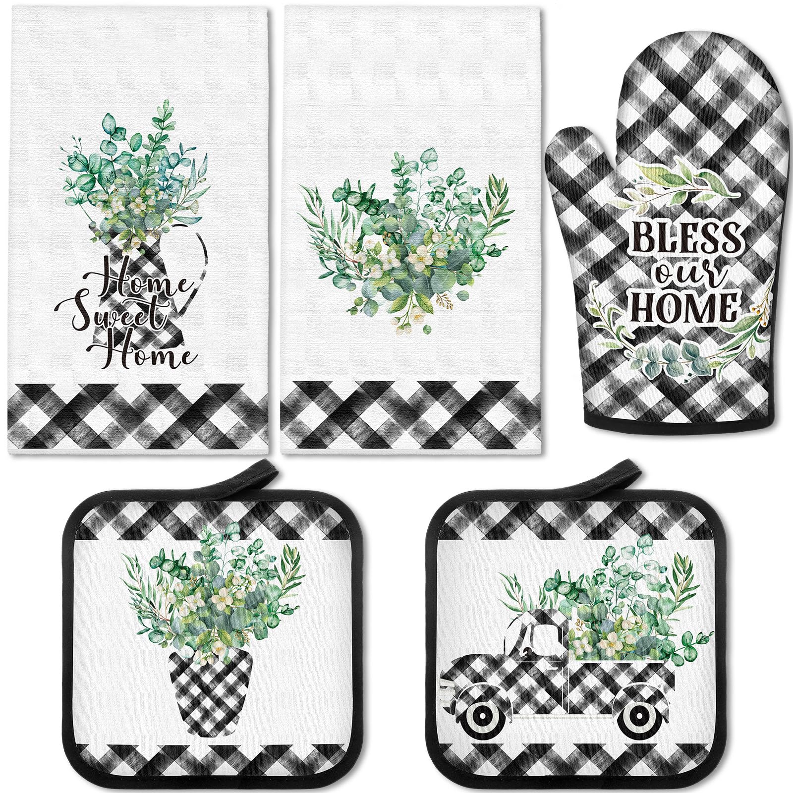 5-Piece Buffalo Plaid Oven Mitt Set - 2 Farmhouse Kitchen Towels, 2 Heat Resistant Potholders & 1 Microwave Glove for Baking, Cooking & Kitchen Decor (Eucalyptus Green) - Perfect for Holiday Cooking, BBQ & Farmhouse Style Kitchens