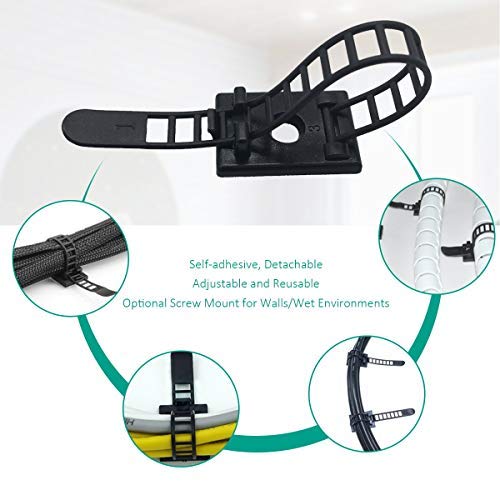 50-Pack Cable Management Kit - Self-Adhesive Cord Clips, Reusable Zip Ties & Wire Organizers for Desk, Home & Office Cable Organization (Black) - Perfect for Computer, TV, Router & Electronics Wire Management