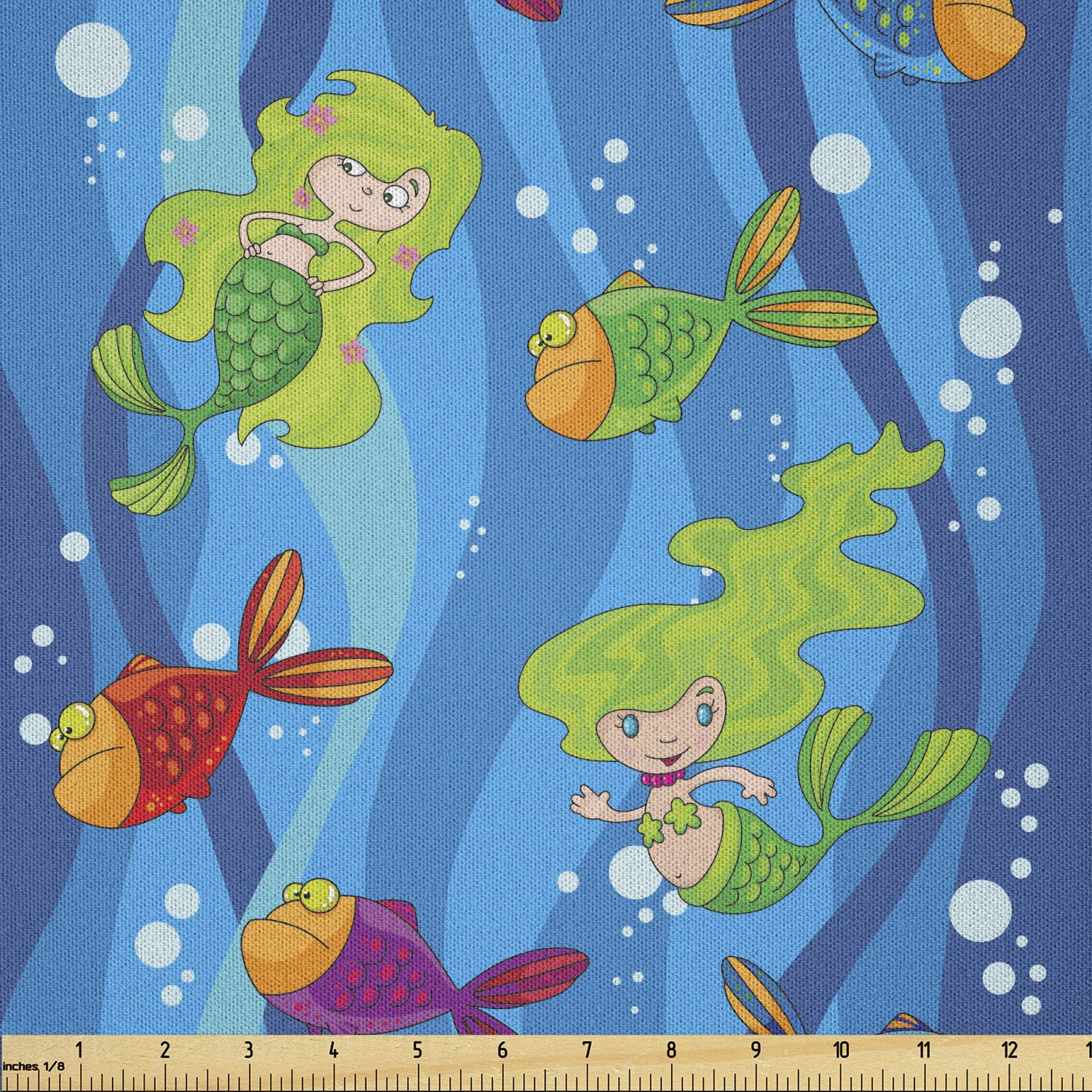 Lunarable Mermaid Fabric by The Yard - Blue Green Underwater Ocean Print with Fishes, Mermaids & Bubbles - Soft Microfiber Textile for DIY Crafts, Sewing Projects & Home Decor (10 Yards) - Perfect for Kids' Room Curtains, Pillow Covers & Quilting
