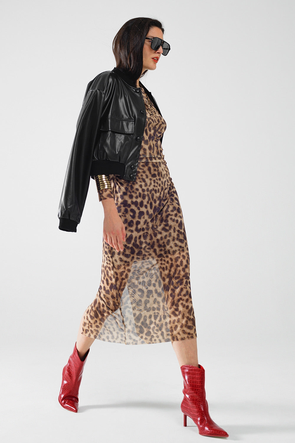 Women's Long Sleeve Leopard Print Midi Bodycon Dress - Sexy Sheer Transparent Robe for Evening Party & Night Out