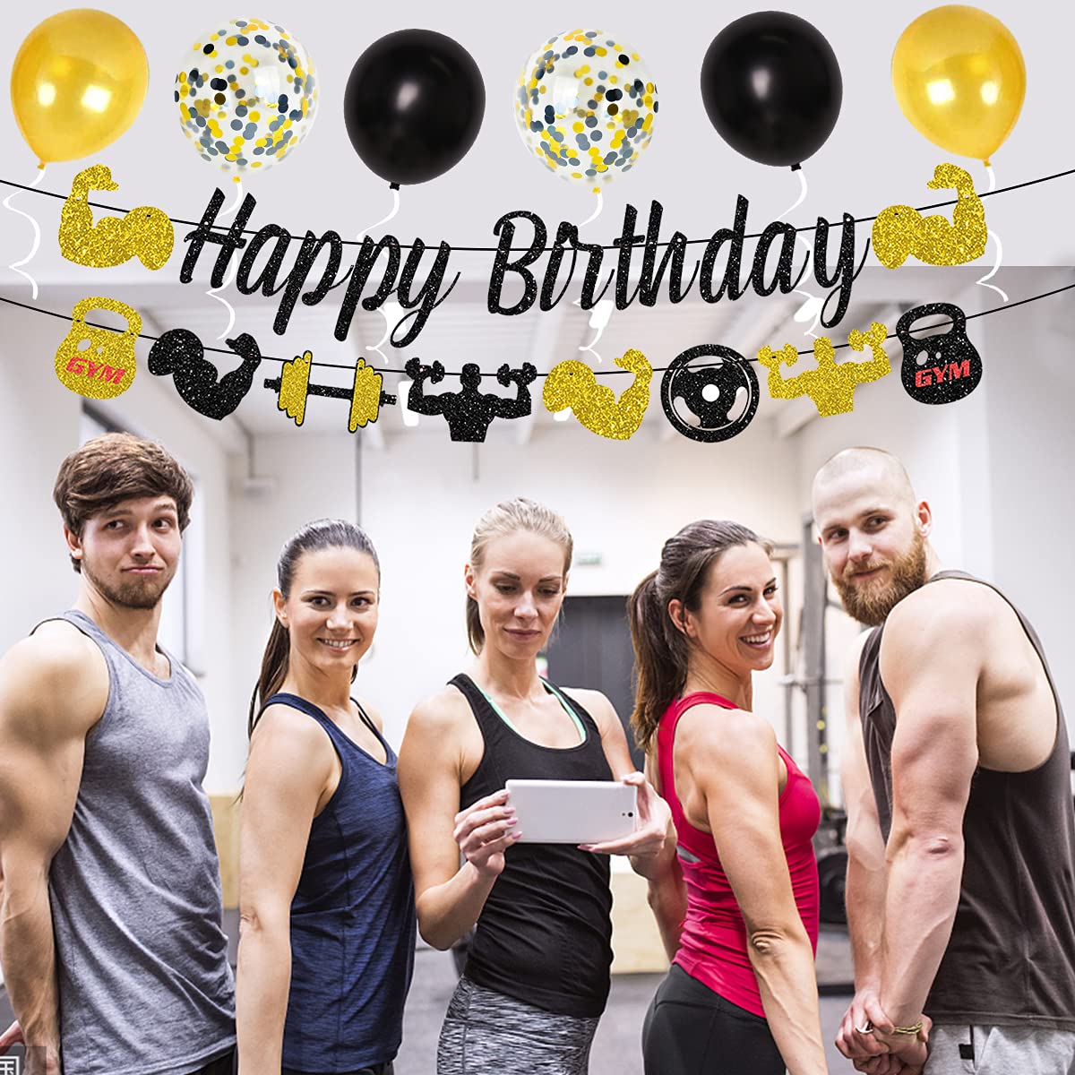 Black and Gold Gym Birthday Party Decorations - Weight Lifting Theme Party Supplies with Fitness Cake Topper & Glitter Banner | Perfect for Men's Fitness Themed Celebrations, Workout Parties & Gym Enthusiast Events