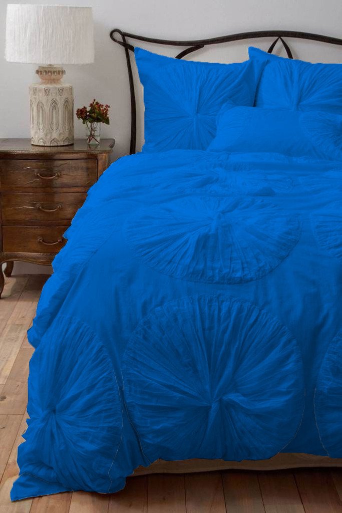 Luxury 5-Piece Egyptian Cotton Duvet Cover Set with Ruffle Flower Design - 300 Thread Count Queen Size in Egyptian Blue - Perfect for Master Bedroom, Guest Room & Hotel Decor