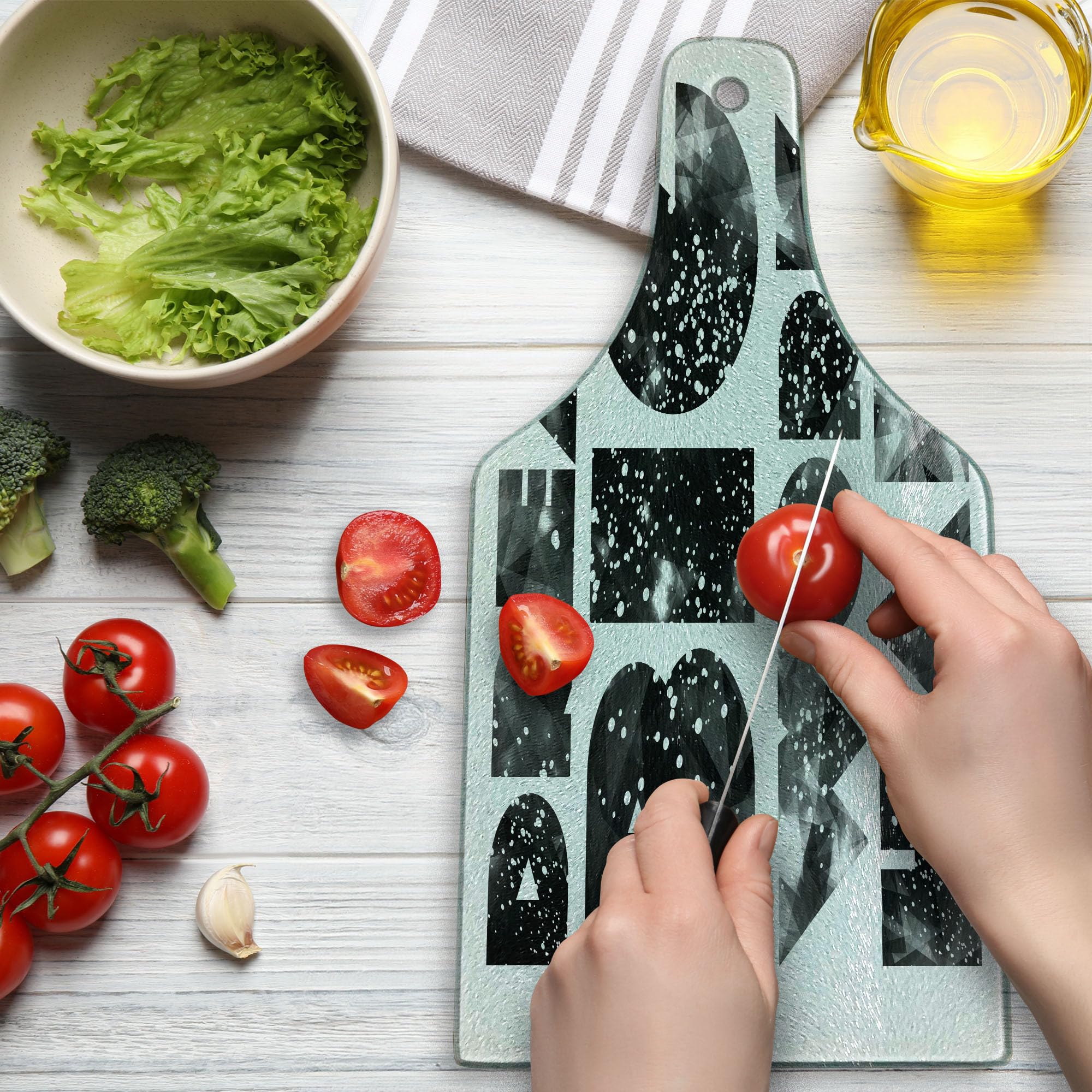 Ambesonne Galaxy Outer Space Themed Tempered Glass Cutting Board - Dream Big Work Hard Typography Design, Wine Bottle Shaped Serving Board for Kitchen & Entertaining (Black, Grey, White) | Perfect for Cheese Platters, Charcuterie Displays & Wine Pairing Parties