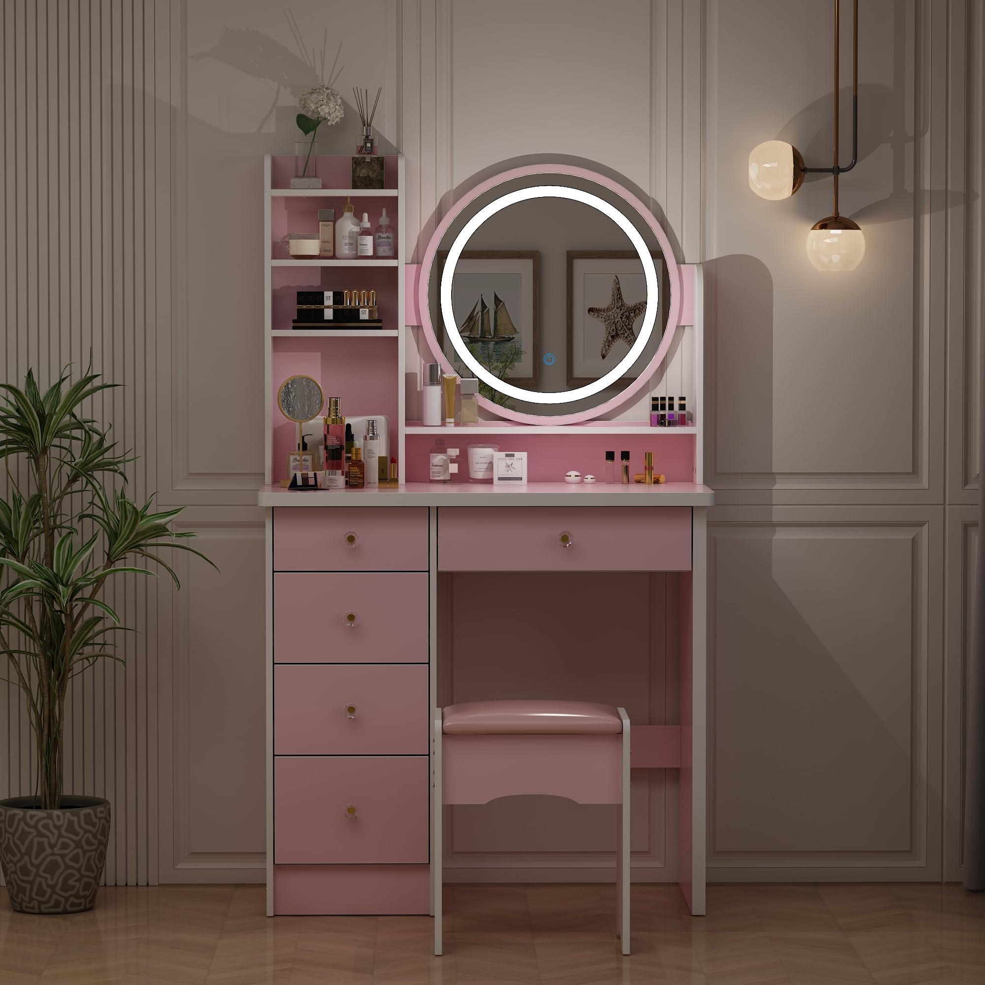 ECACAD Vanity Desk Set with LED Lighted Round Mirror, 5-Drawer Makeup Dressing Table with Storage Shelves & Cushioned Stool - Pink Bedroom Furniture for Women & Girls | Perfect for Makeup Organization, Dressing Room & Small Space Decor