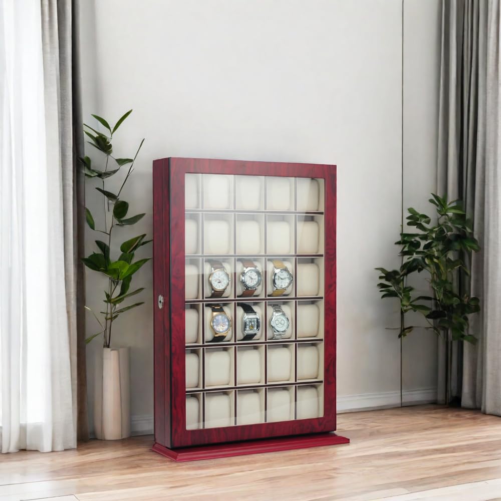 30-Piece Cherry Wood Watch Display Case - Wall Hanging & Tabletop Storage Organizer Box with Stand | Perfect for Watch Collectors, Jewelry Organization & Father's Day Gifts
