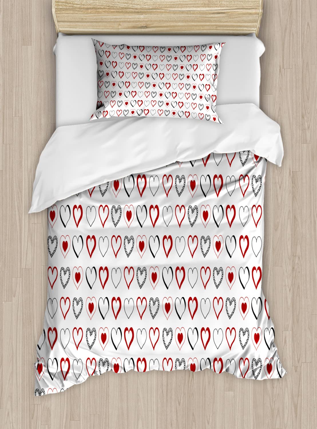Ambesonne Love Duvet Cover Set - Hand Drawn Doodle Hearts Valentine's Day Bedding, 2-Piece Cal King Size with 4 Pillowcases, Ruby Black White Modern Hipster Pattern | Perfect for Romantic Bedrooms, Couples Gift & Boho Chic Home Decor
