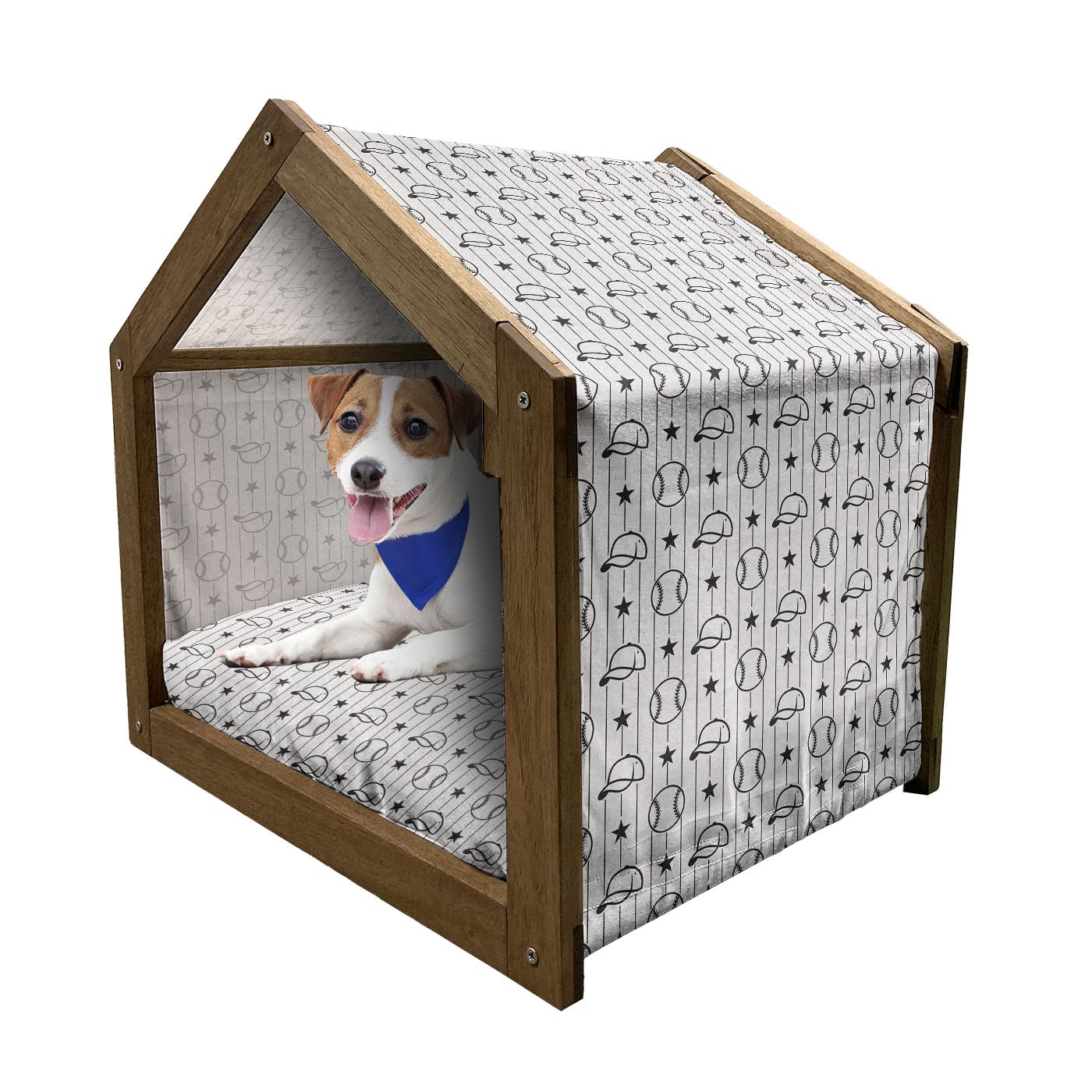 Ambesonne Wooden Dog House for Small Pets - Black & White Baseball Stars Sketch Design with Removable Pillow & Cover - Indoor & Outdoor Portable Pet Kennel for Dogs & Cats - Perfect for Backyard, Patio, or Living Room Use