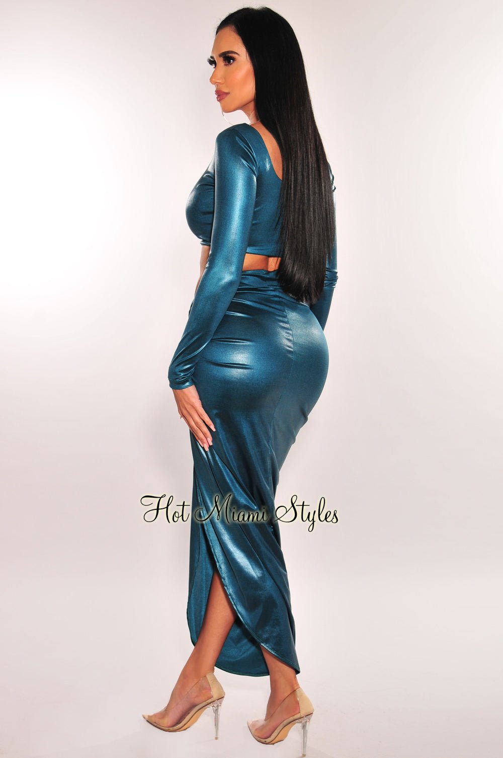 Emerald Green Satin Faux Leather Long Sleeve Knotted Slit Skirt Two Piece Set for Women - Elegant Outfits for Dinner Dates, Parties & Special Occasions