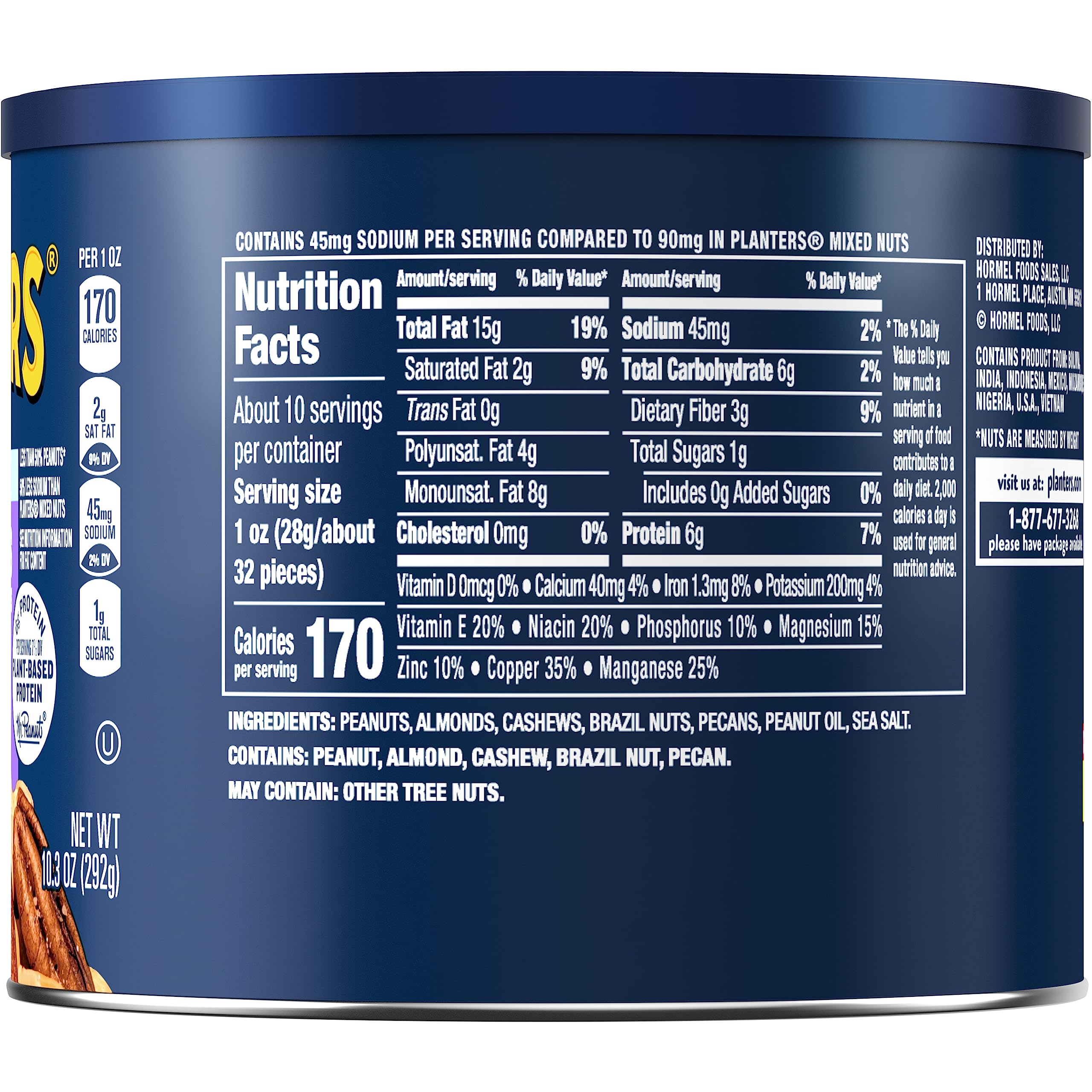 Planters Lightly Salted Mixed Nuts - 10.3 oz Canister - Premium Snack Mix with Almonds, Cashews & Pistachios - Perfect for Office Snacks, Healthy Travel Food & Party Mix