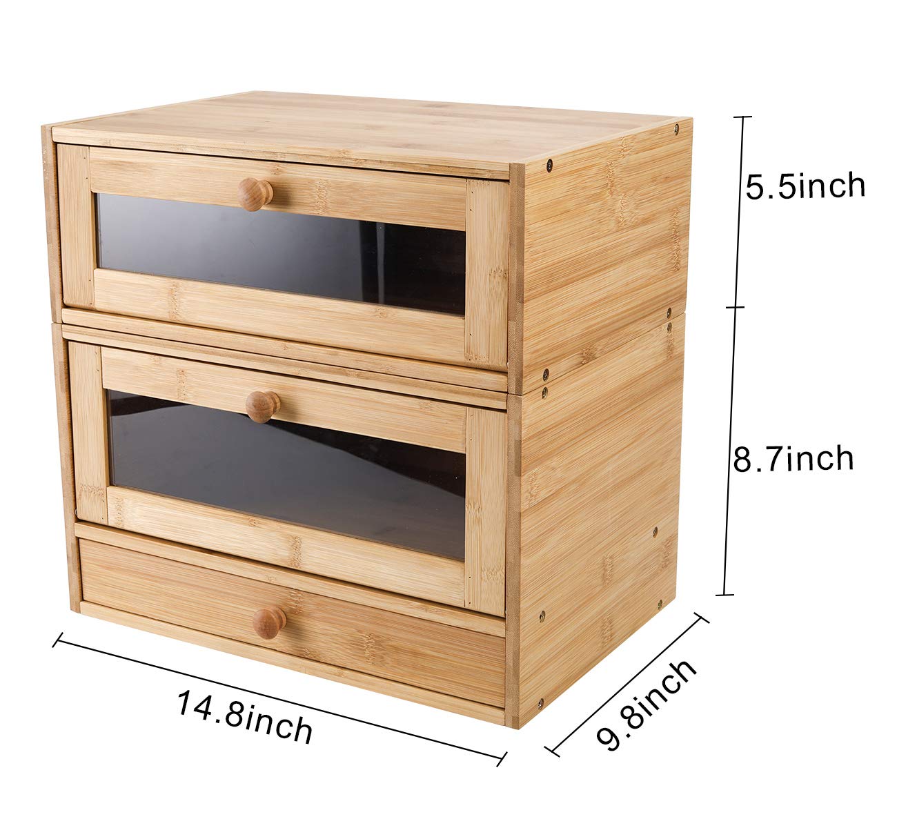 **2-Tier Bamboo Bread Box with Window & Utensil Drawer - Stackable Kitchen Countertop Storage for Bread, Buns & Pastries - Natural Wood Organizer for Small Spaces**