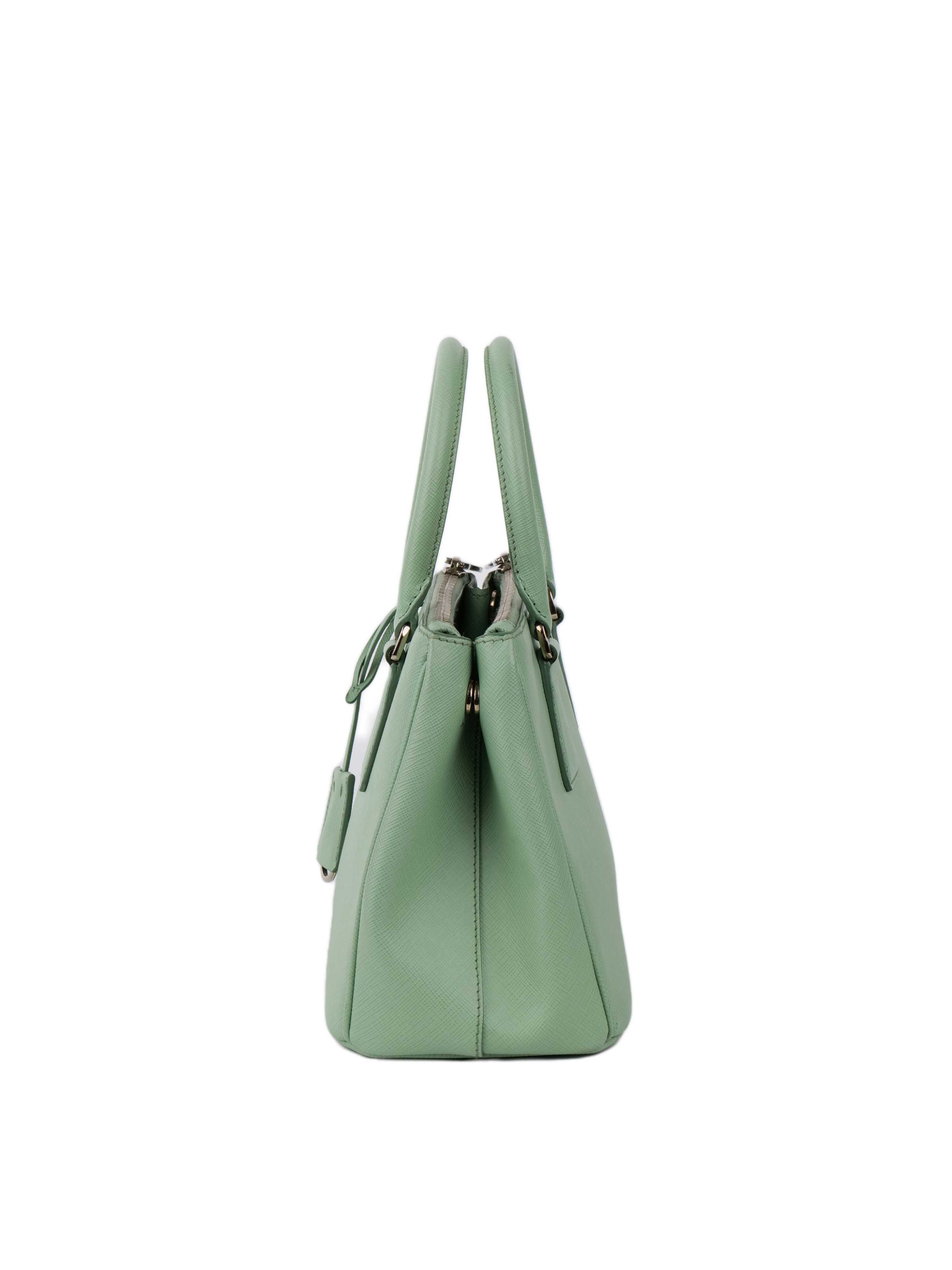 Prada Mint Green Saffiano Leather Double Zipper Small Tote Bag for Women | Luxury Designer Handbag for Work, Travel & Everyday Use