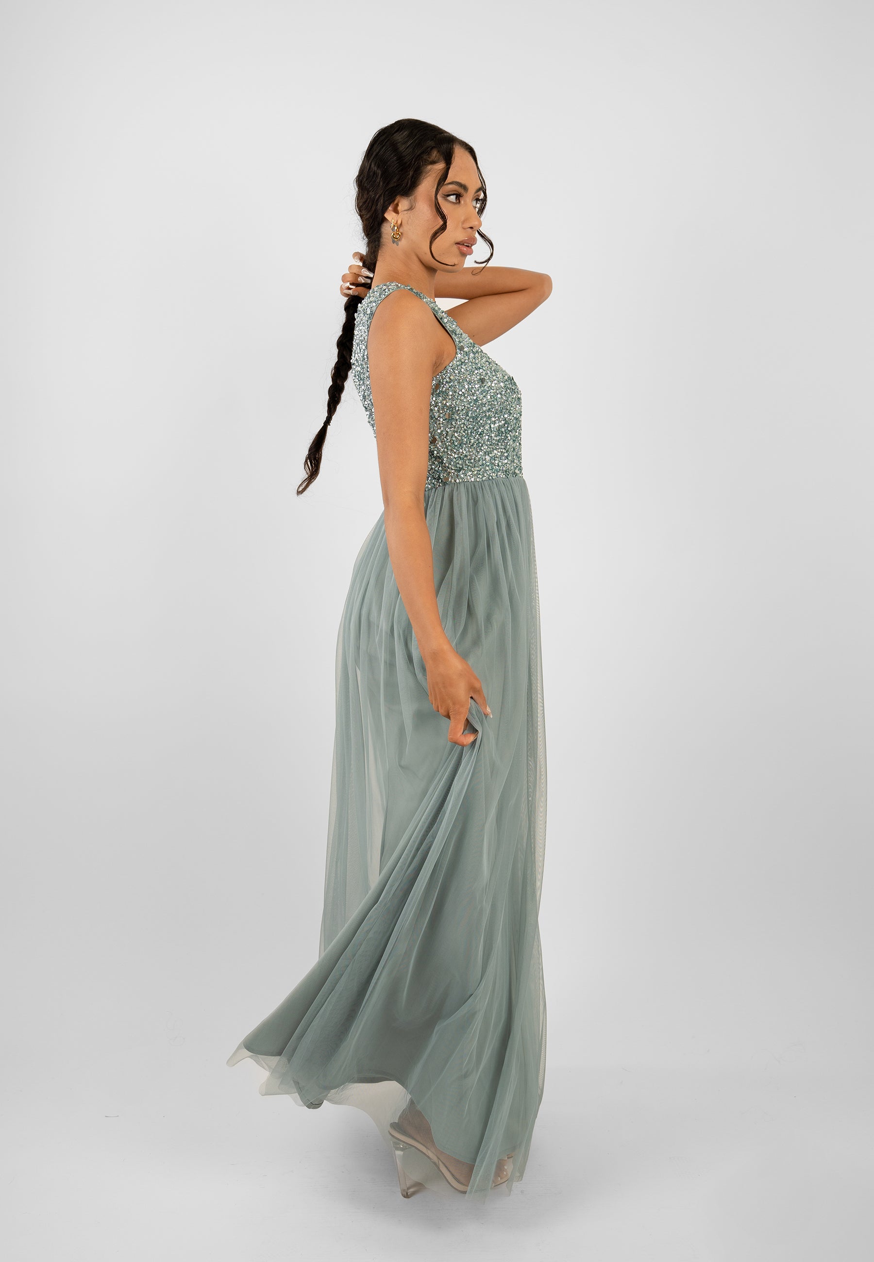 Elegant Picasso Teal Embellished Bridesmaid Maxi Dress for Weddings & Formal Events - Perfect for Bridal Party & Evening Occasions