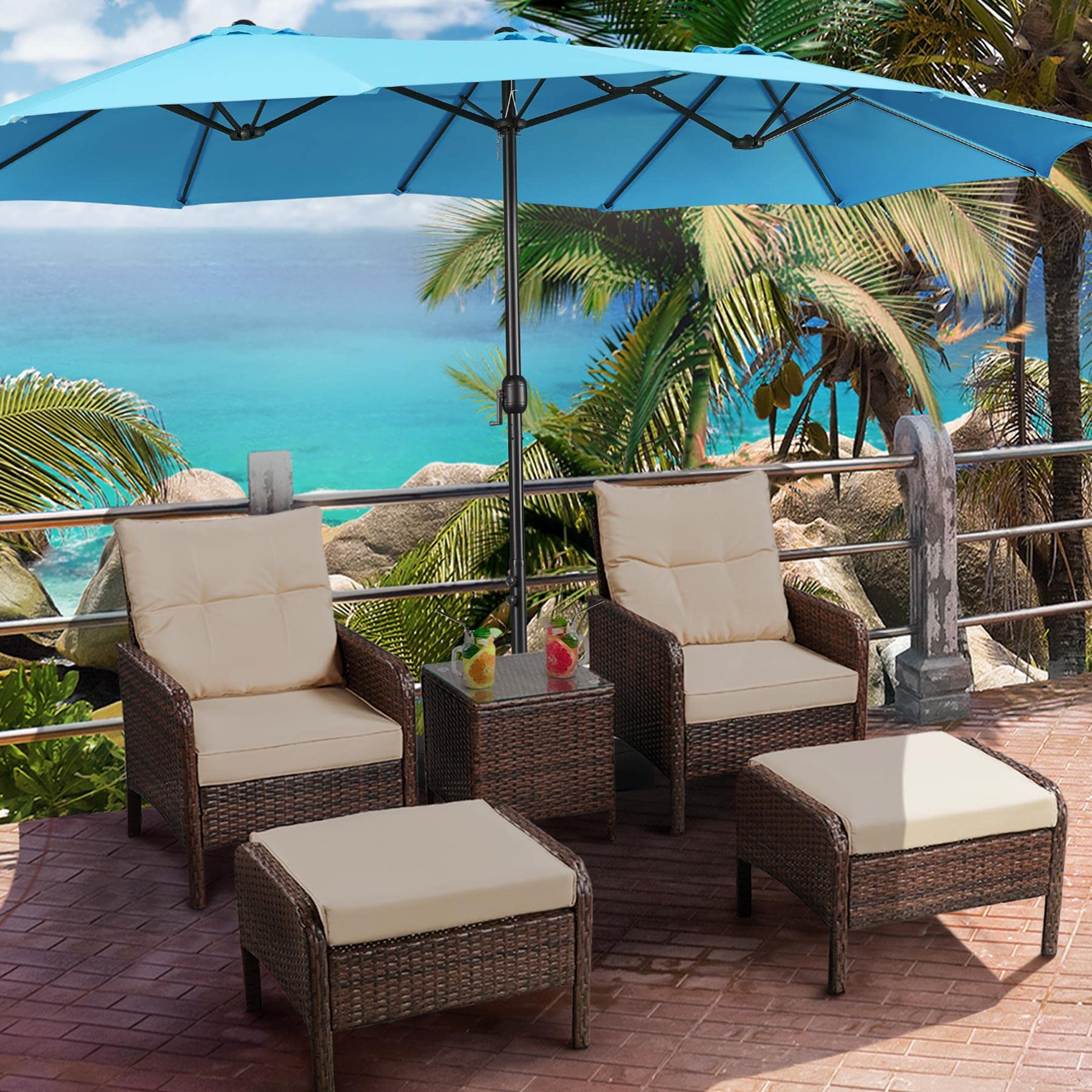 Yaheetech 15 ft Extra Large Double Sided Patio Umbrella with Base - Heavy Duty Outdoor Market Umbrella with Easy Crank Lift, 12 Strong Ribs & Ventilation - Perfect for Poolside, Backyard, Deck, and Outdoor Dining Areas (Sky Blue)