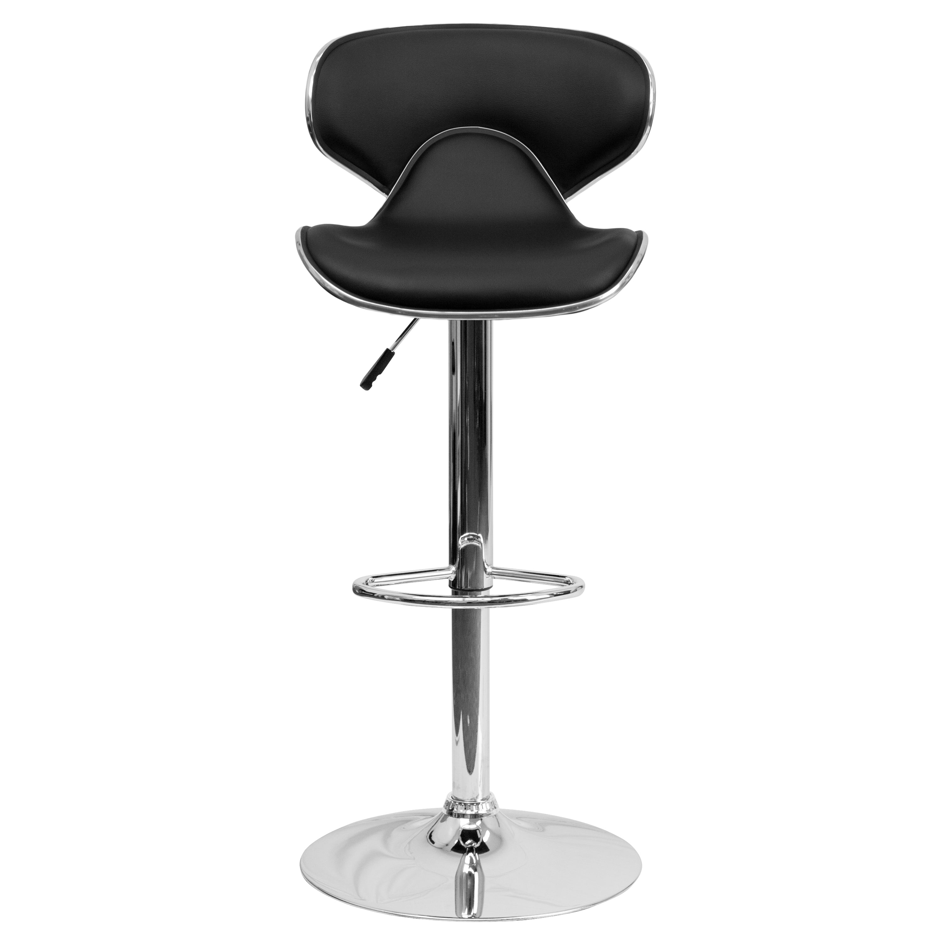 Devin Contemporary Adjustable Height Barstool - Black Vinyl Upholstery, Chrome Base - Modern Kitchen Island & Home Bar Stool for Dining & Entertaining