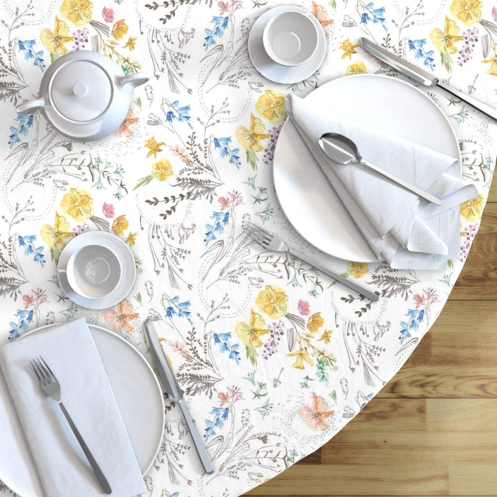 Custom Wildflowers White Floral Print Cotton Sateen Tablecloth - 90