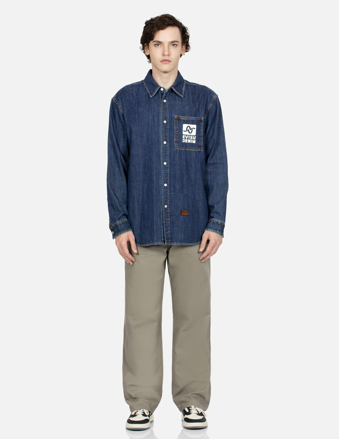 Pop Art Godhead Print Relax Fit Denim Shirt for Men - Vintage Inspired Casual Button Down Shirt for Streetwear & Urban Fashion