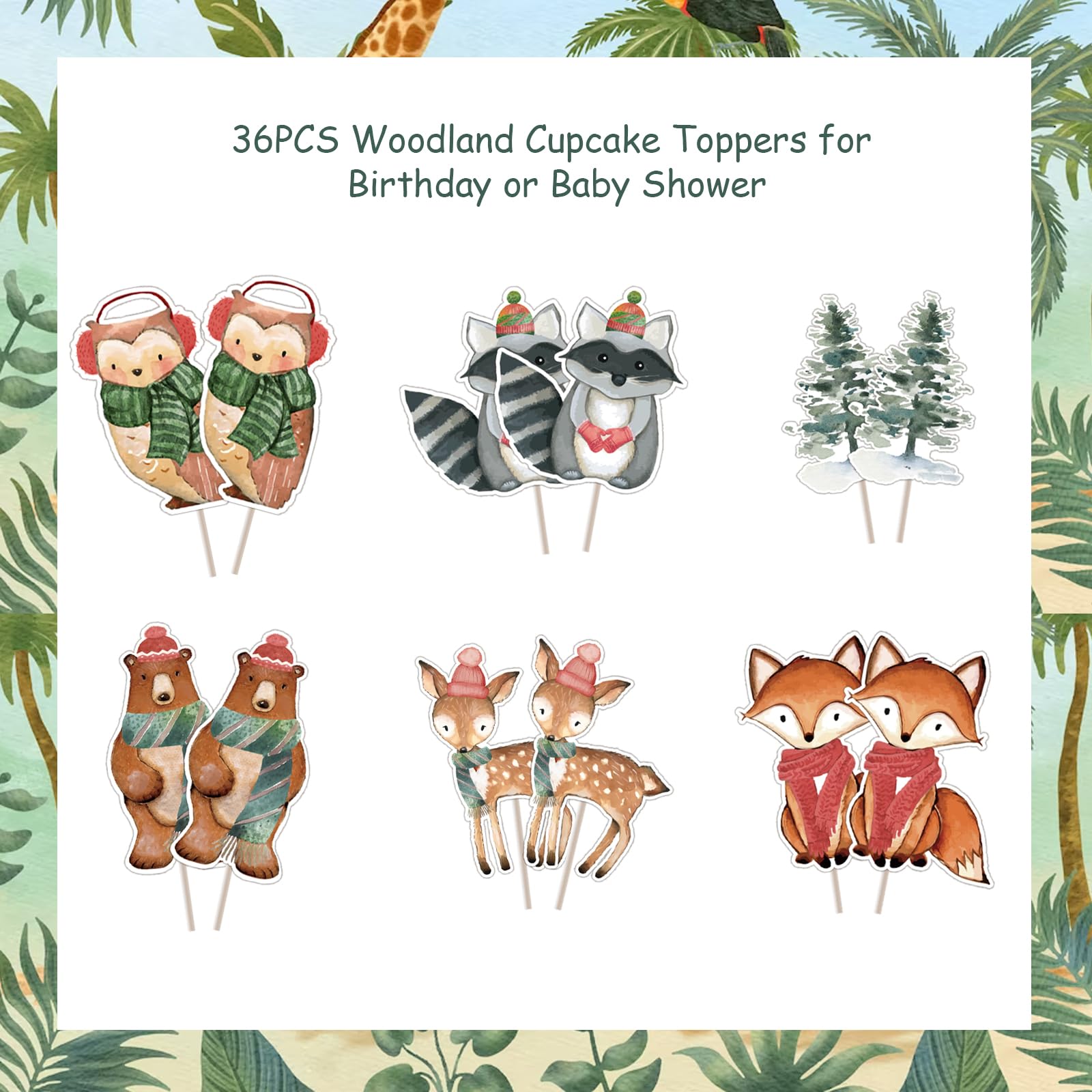 36PCS Winter Woodland Birthday Party Decorations - Baby Shower Cupcake Toppers, Woodland Creatures Theme Party Supplies for Christmas, Baby Shower, Winter Wonderland Theme Party Decor