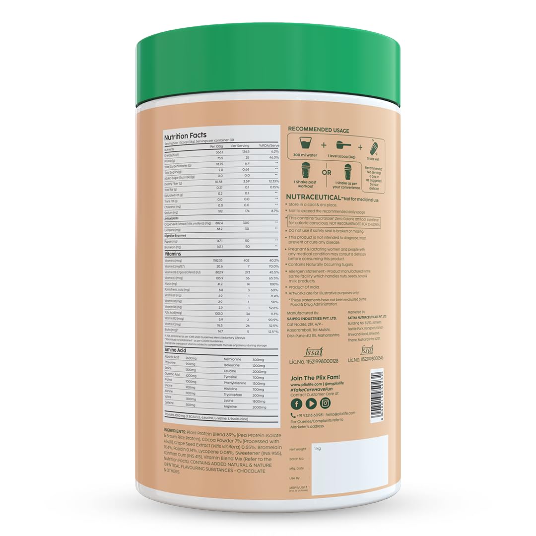 PLIX THE PLANT FIX Chocolate Pea Protein Powder - 1KG Plant-Based Protein Blend with Pea Isolate & Brown Rice | 25g Protein per Serving | Sugar-Free, Gluten-Free | Perfect for Post-Workout Recovery & Vegan Nutrition