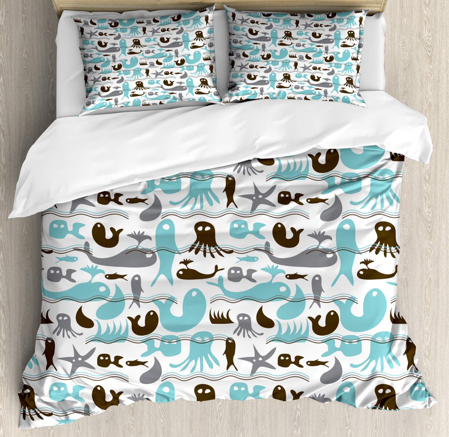 Ambesonne Whales Duvet Cover Set King Size - Abstract Ocean Theme with Jellyfish, Fish & Wave Patterns - 3 Piece Bedding Set Includes Duvet Cover & 2 Pillow Shams - Seafoam & Dark Cocoa Colors - Perfect for Coastal, Nautical or Kids' Underwater Bedroom Decor