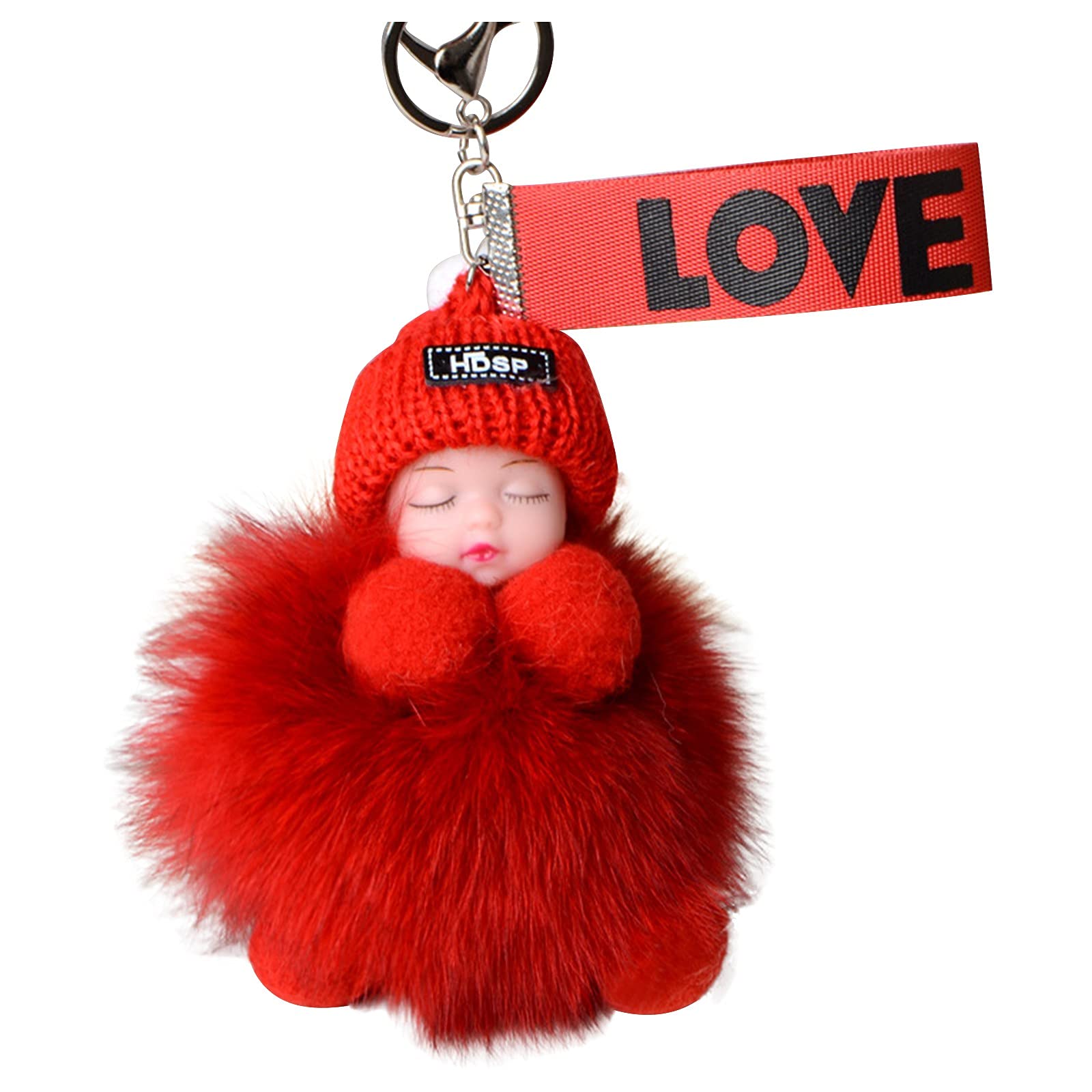 Soft Pompon Sleeping Car Baby Keychains - Furry Pendants for Handbags, Strollers, and Diaper Bags - Perfect for Baby Essentials and Nursery Decor