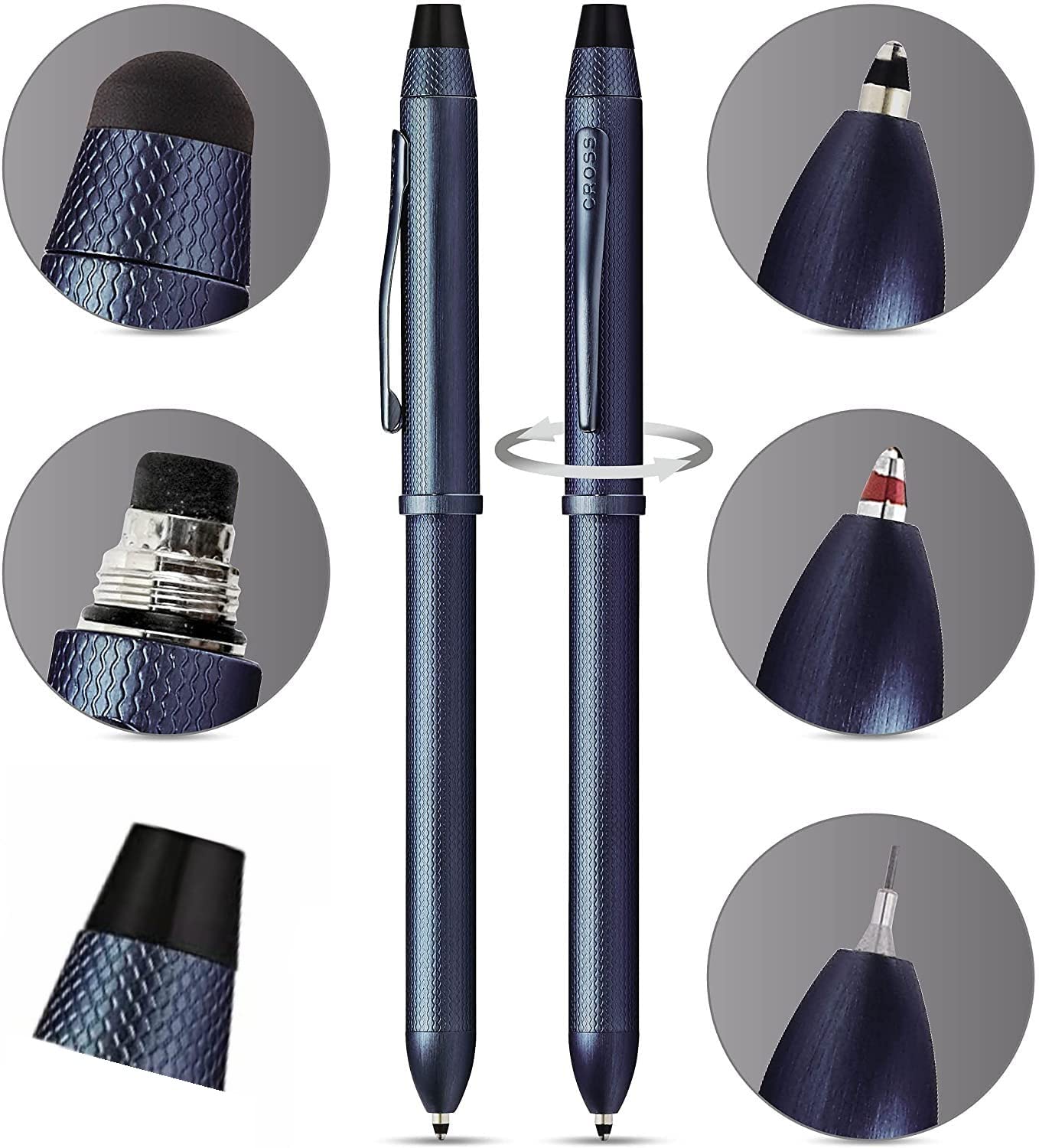 Cross Tech3+ Multi-Function Pen - 0.5mm Pencil, Black & Red Ink Refills, Brushed Dark Blue Diamond Barrel with Interchangeable Caps | Perfect for Office, School & Professional Use