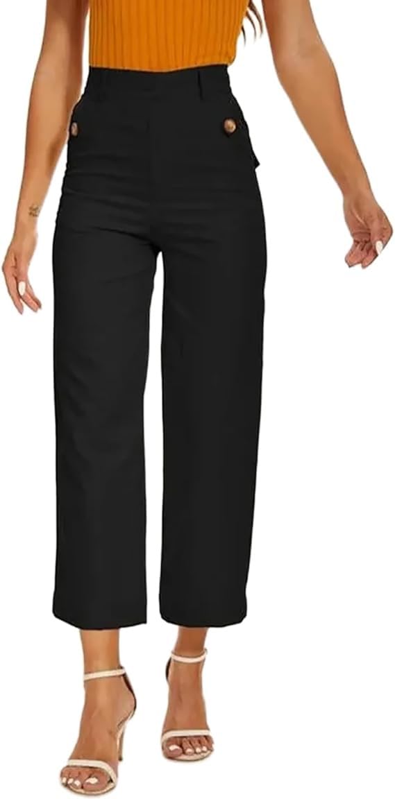 Ulookgd Women's Tummy Control Twill Cropped Wide Leg Pants - Stretchy Plus Size Baggy Jeans for Casual Wear & Office Outfits | Comfortable High Waisted Work Pants