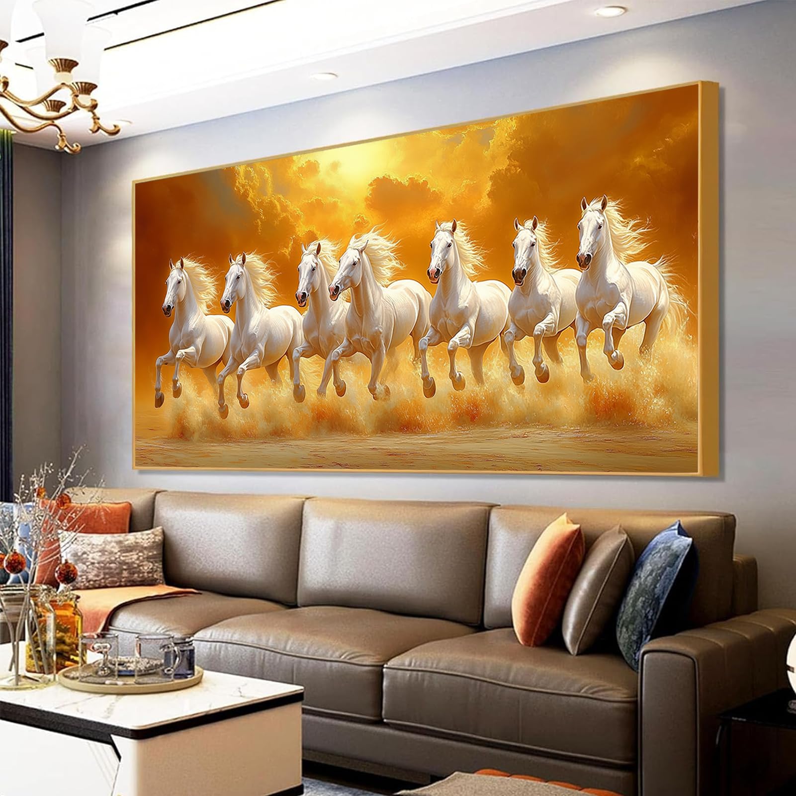 7 Running White Horses Canvas Wall Art - Gold Metal Framed (23