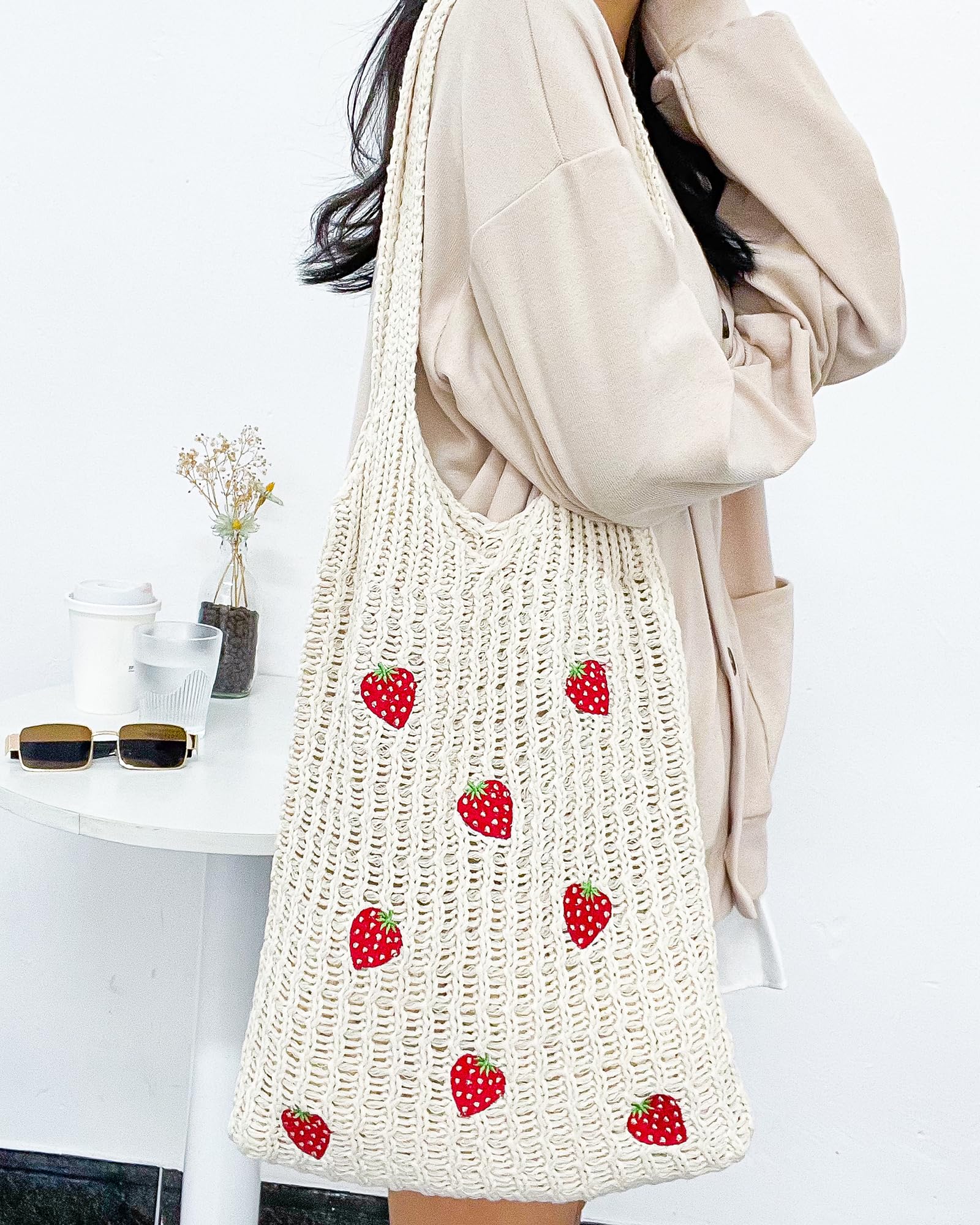 Stylish Strawberry Crochet Tote Bag - Handmade Knitted Shoulder Bag for Women | Perfect for Beach, Shopping & Everyday Use
