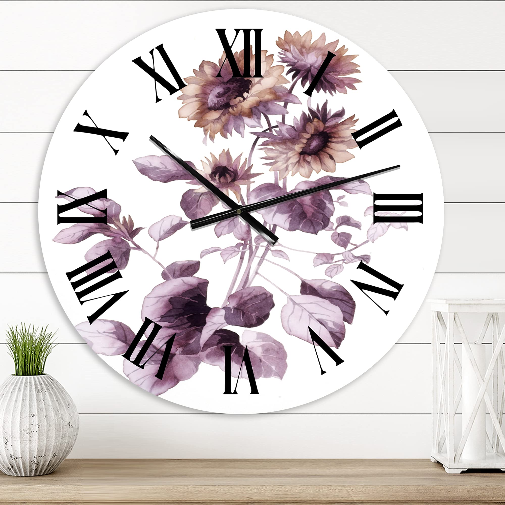 DesignQ Traditional Wall Clock 'Purple Wildflowers III' - Large Floral Botanical Wall Clock for Home, Office & Living Room Decor - Perfect for Farmhouse, Bedroom & Kitchen Wall Décor