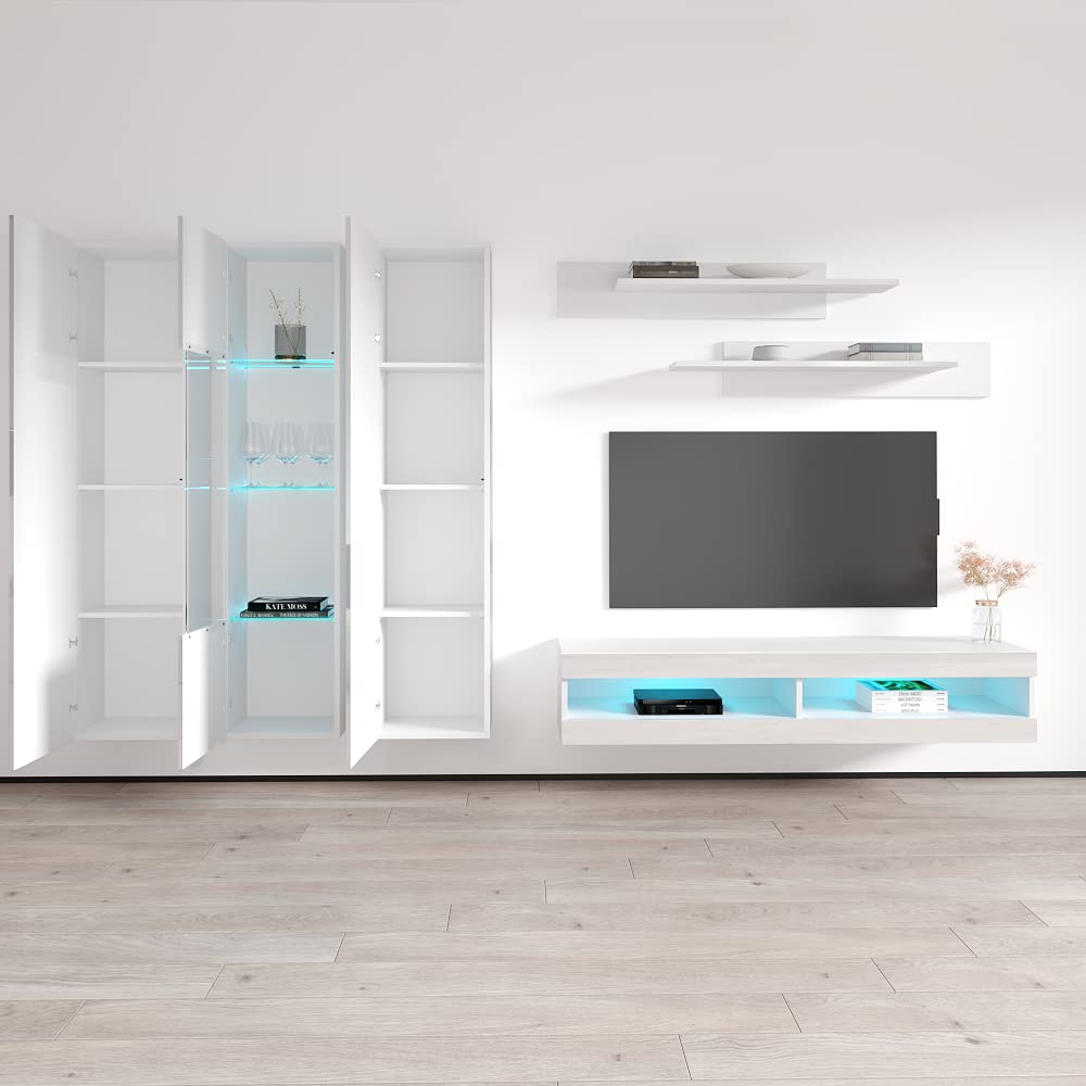Modern White Wall-Mounted TV Stand with Storage Shelves & LED Lights - 34
